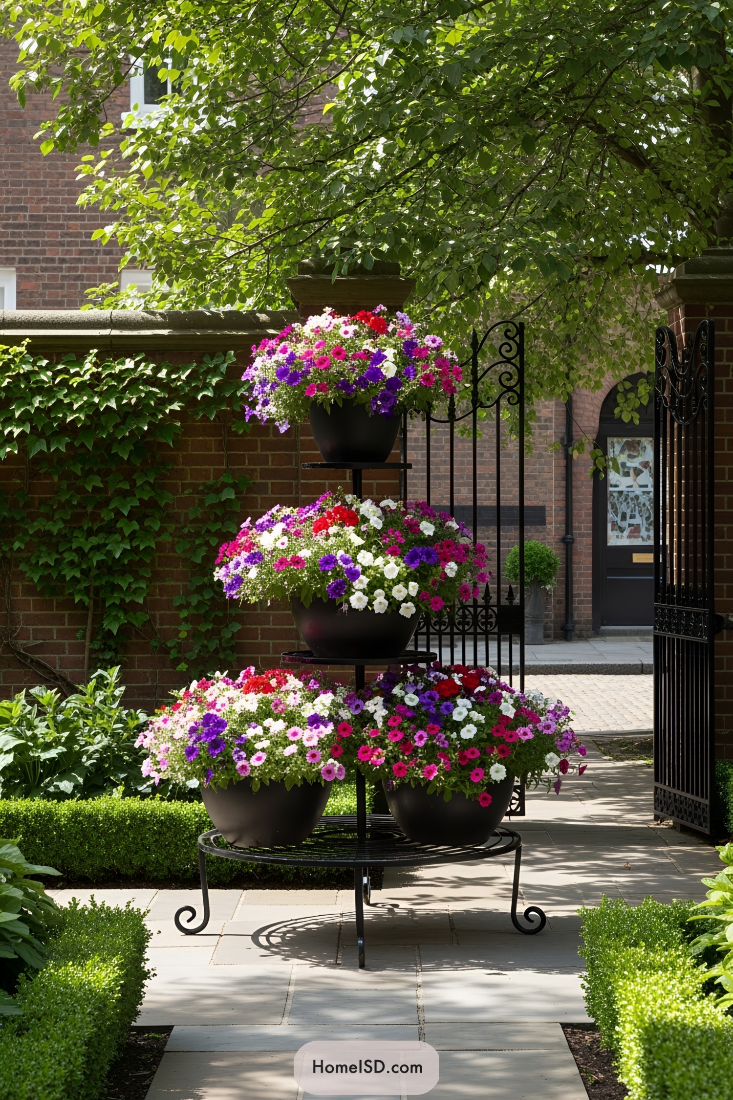 Stacked flower pots overflowing with colorful blooms