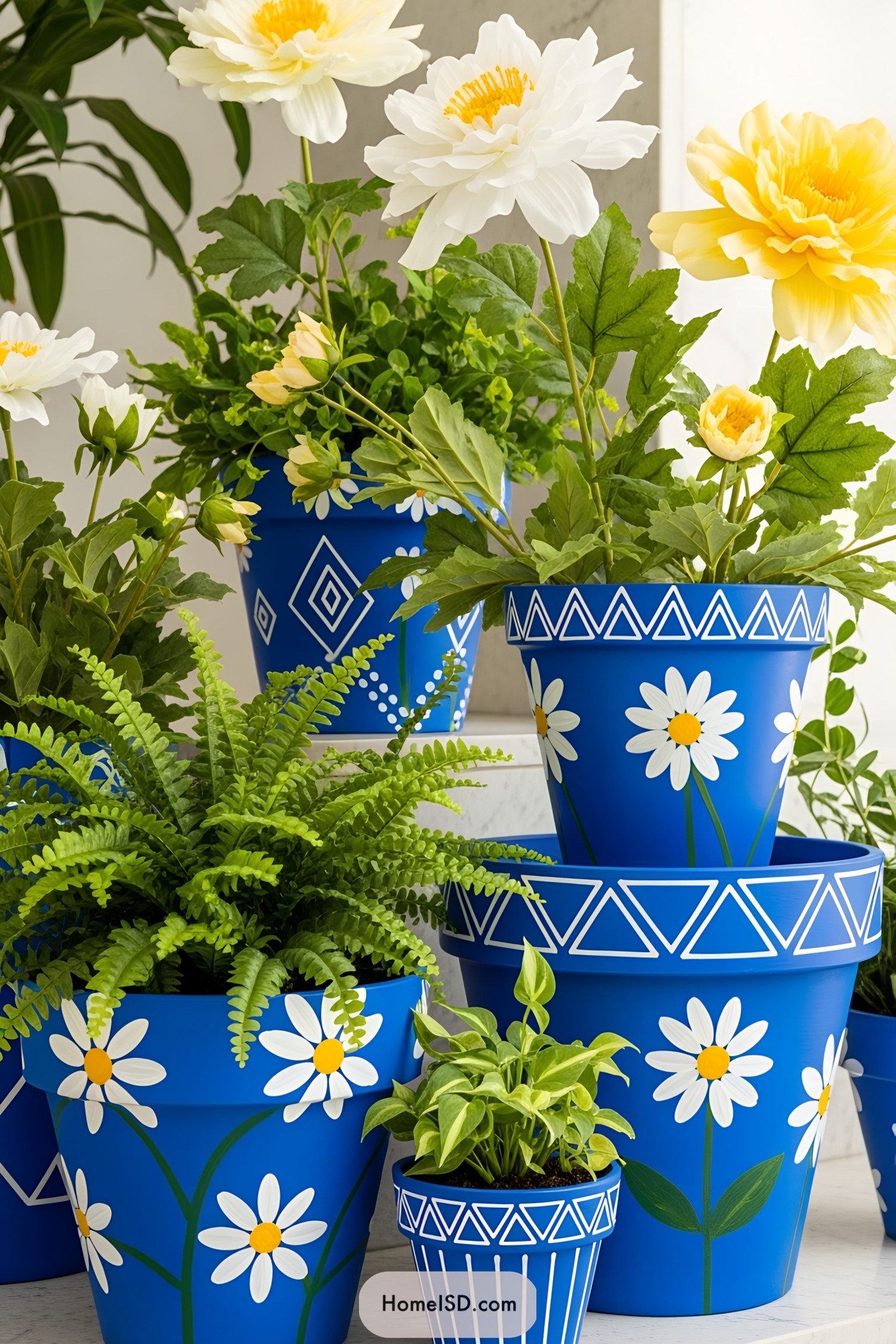 Blue pots adorned with floral designs and vibrant plants