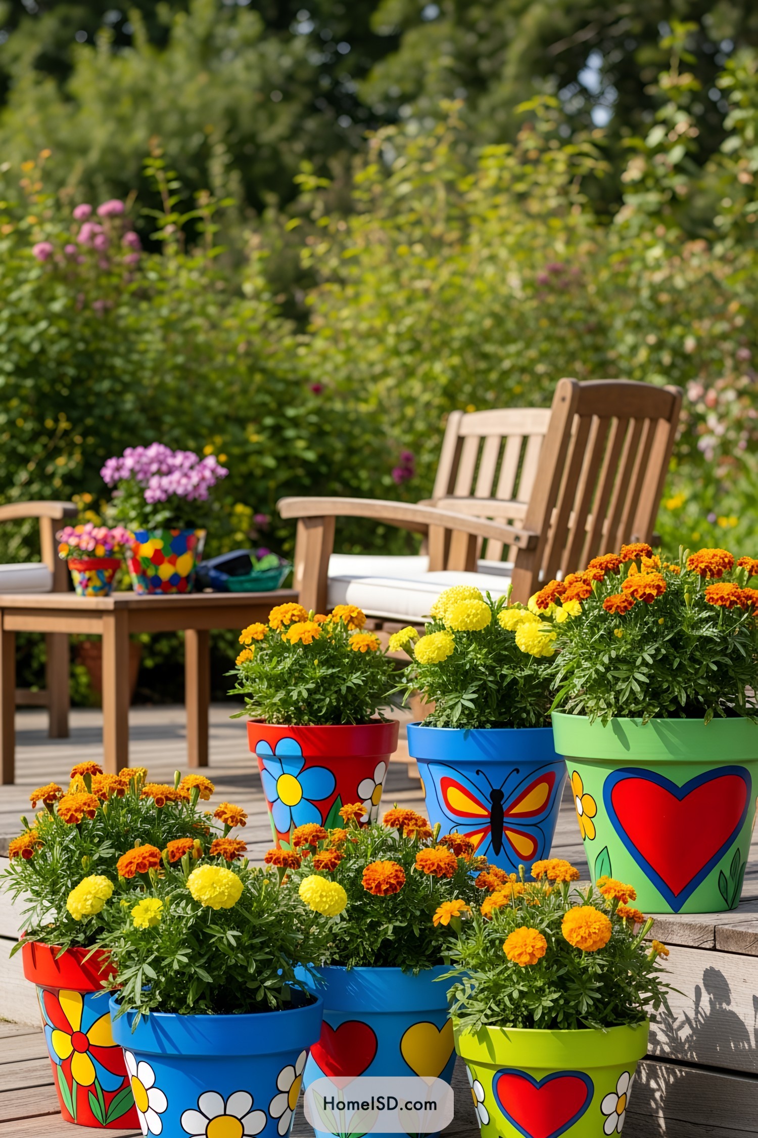 Colorful flower pots with bright designs and marigolds on a wooden deck