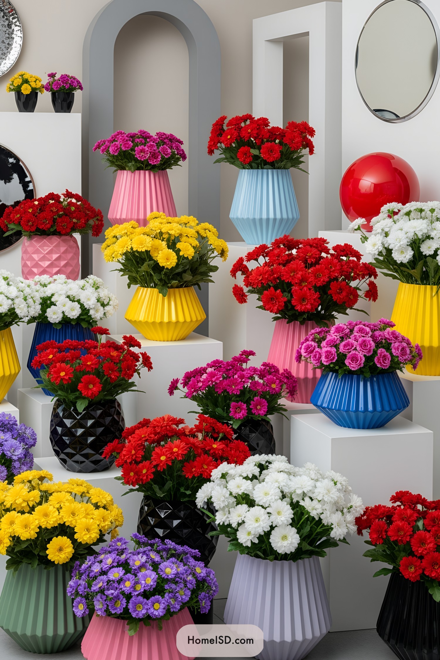 Colorful flowers in various geometric pots displayed on a white shelf