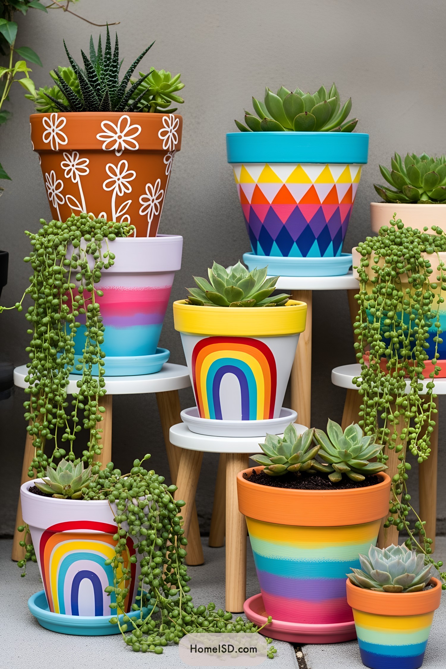 Colorful pots with succulents on wooden stands