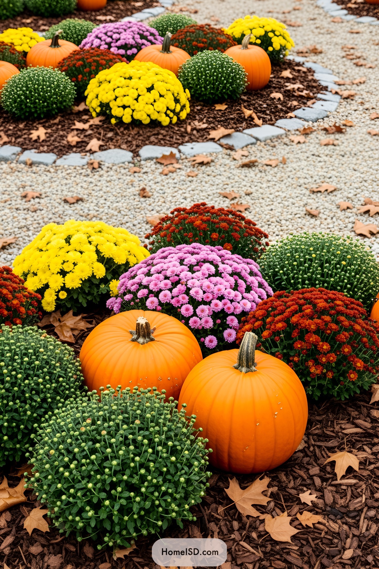Autumn garden with pumpkins and vibrant flowers