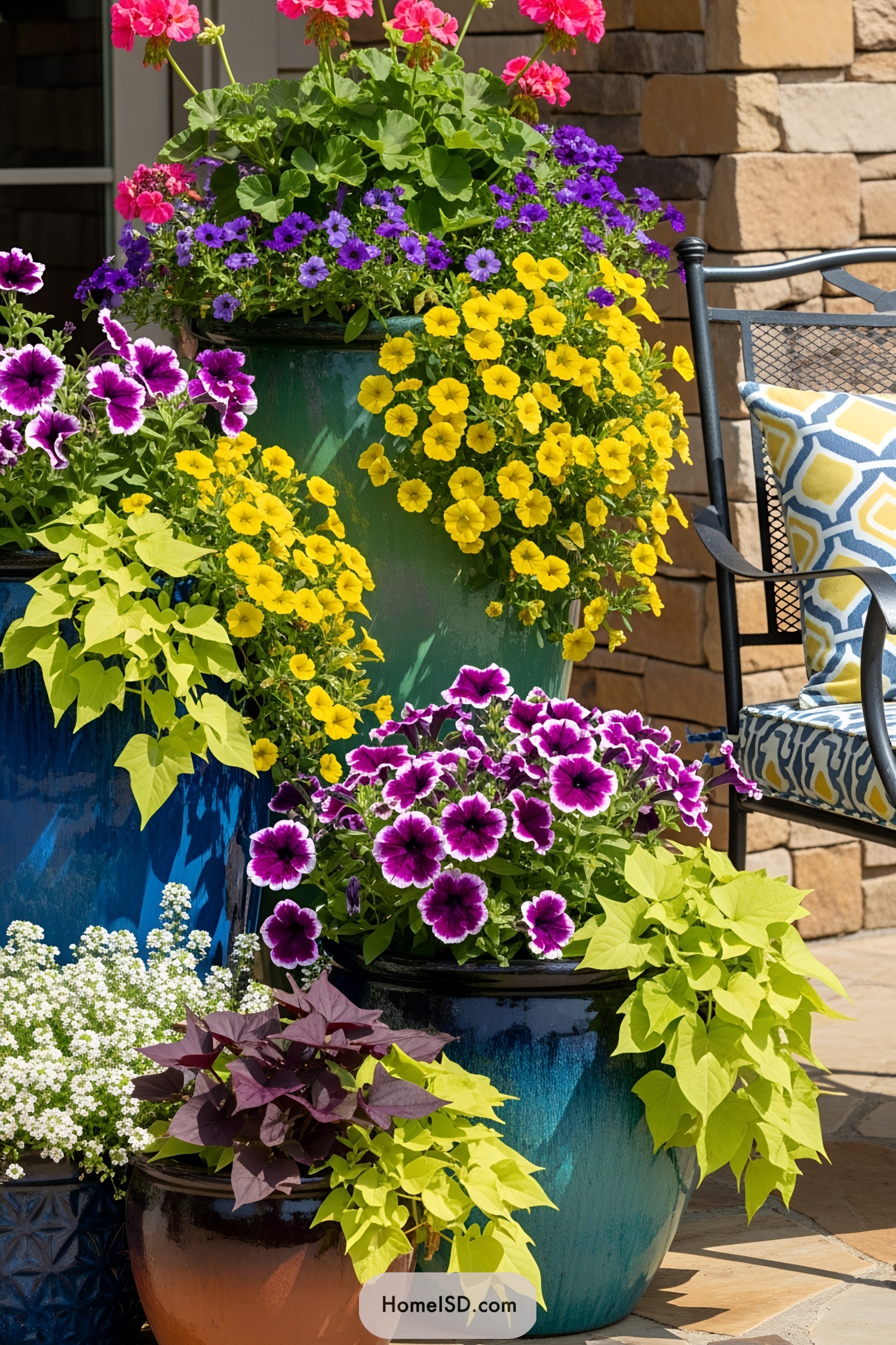 Vibrant flowers bloom in large pots beside a patio chair