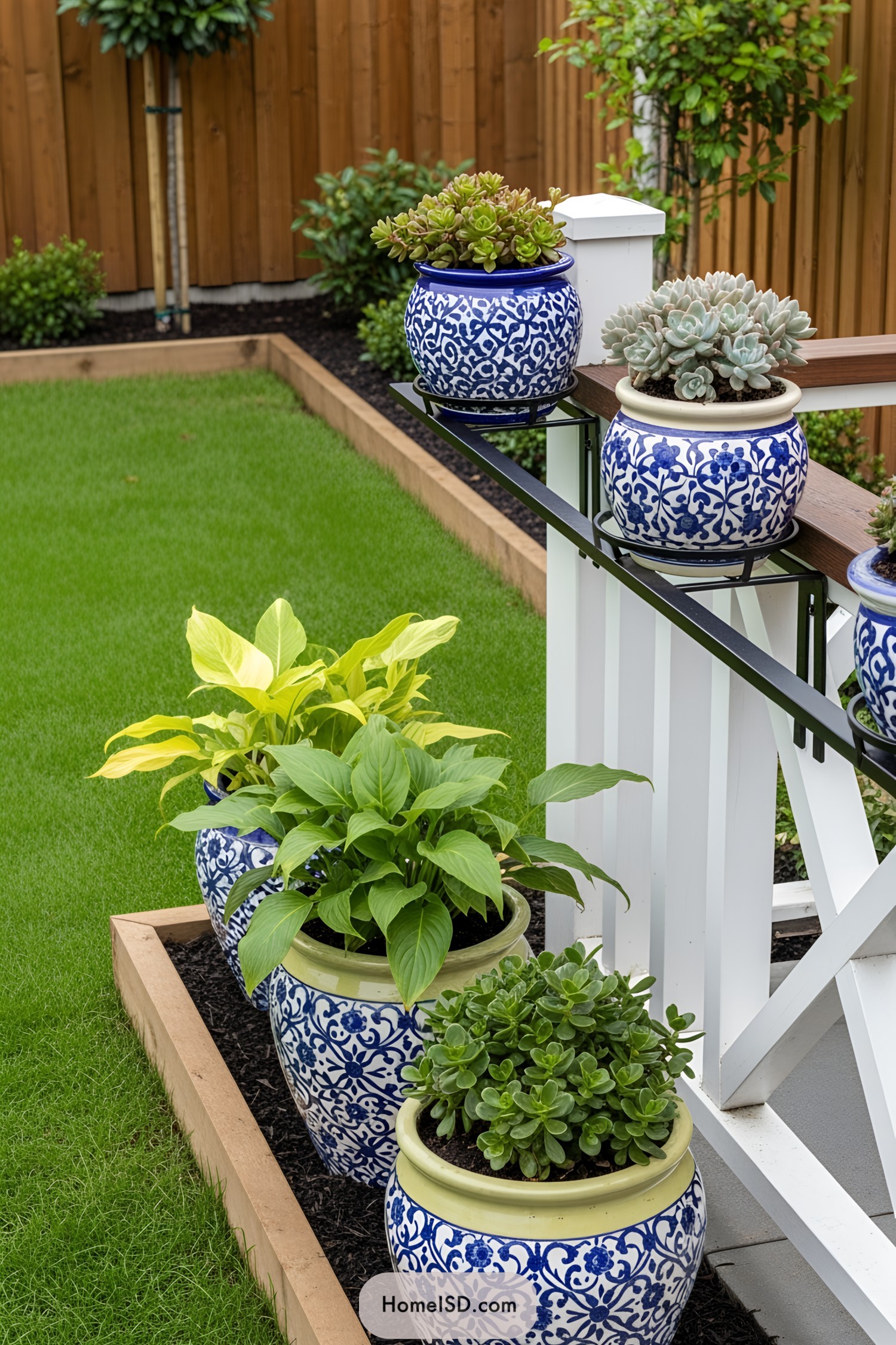 Ornate blue and white pots with lush plants on a stylish stand