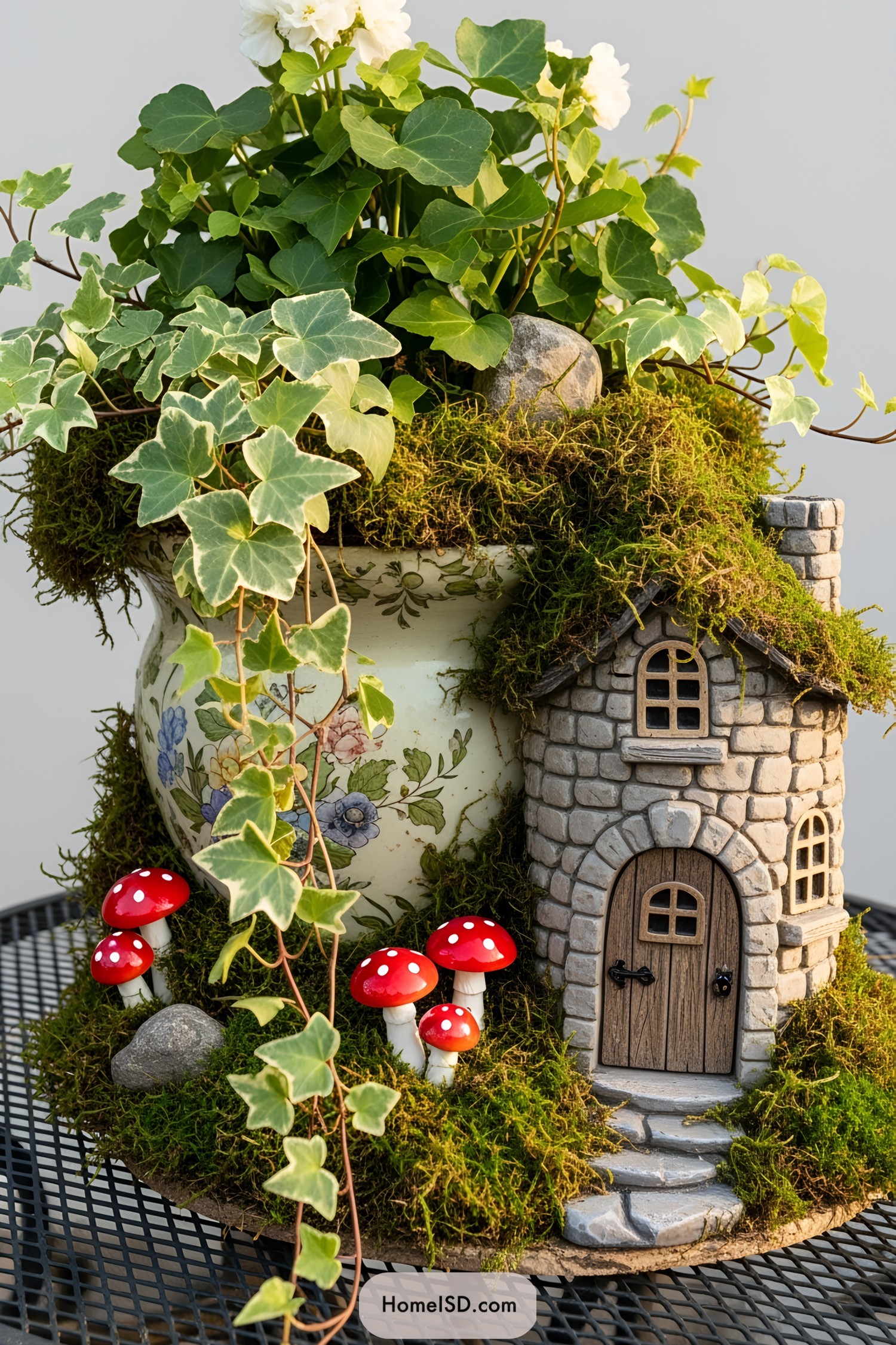 Miniature stone house with greenery on a mossy, decorated planter