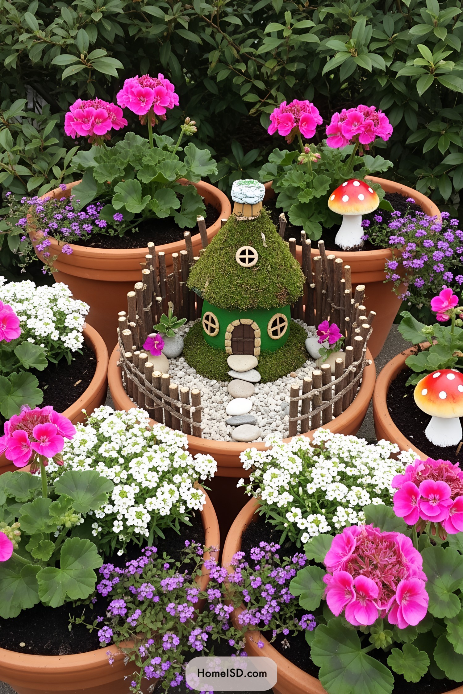 Miniature garden with colorful flowers and a tiny house