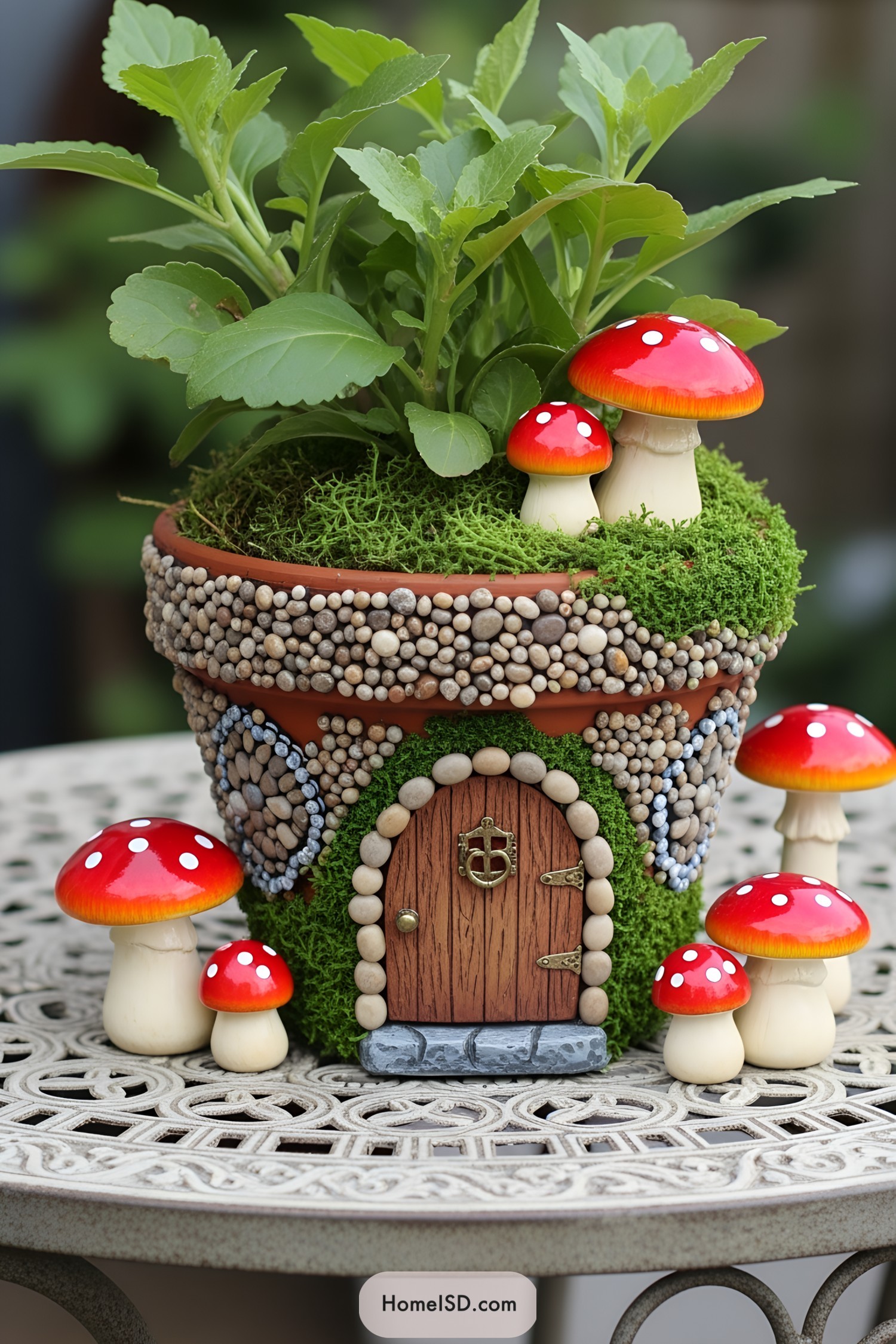 Whimsical plant pot adorned with fairy-tale details and tiny mushrooms