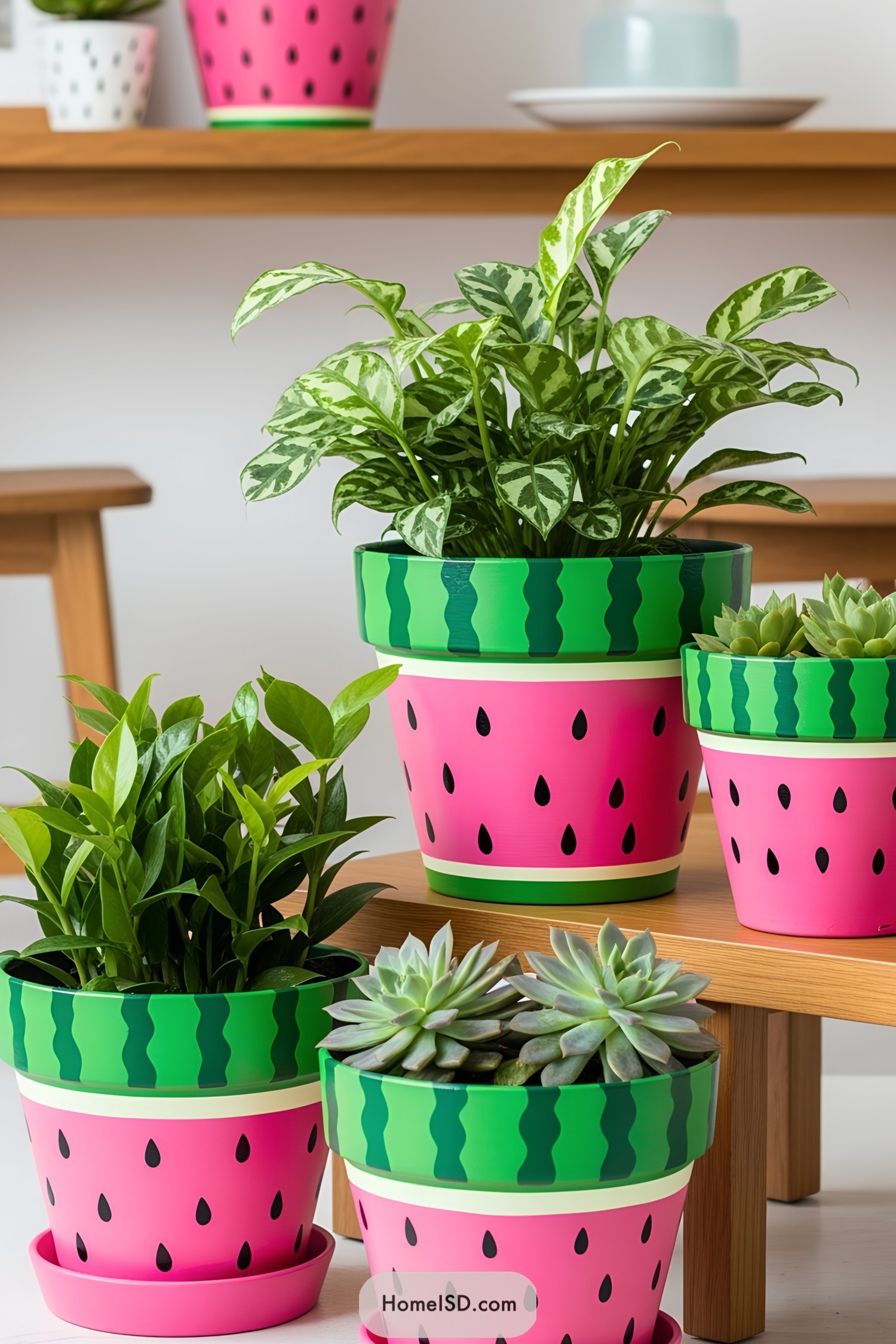 Vibrant pink pots with leafy greens