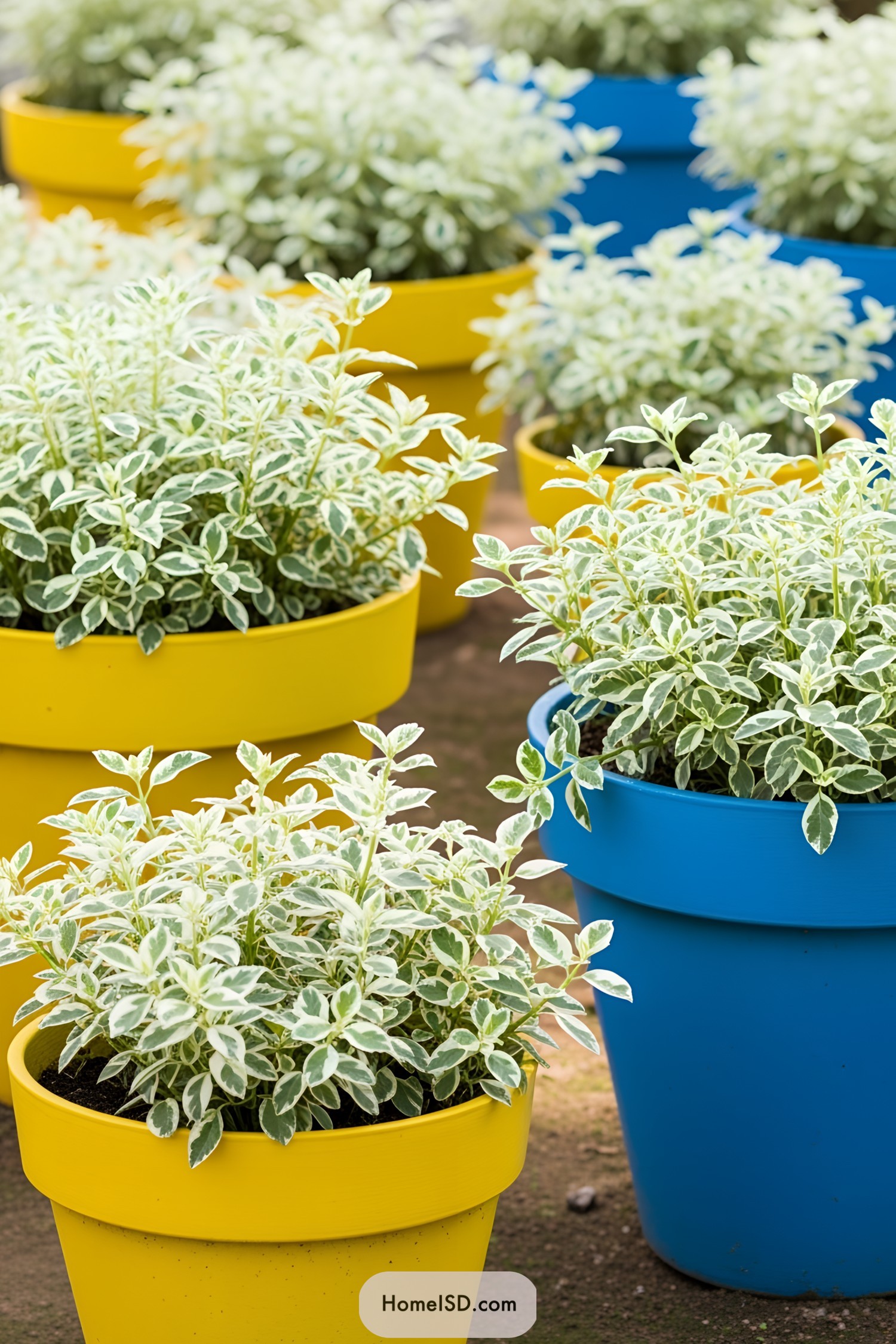 Colorful plant pots with vibrant leafy plants