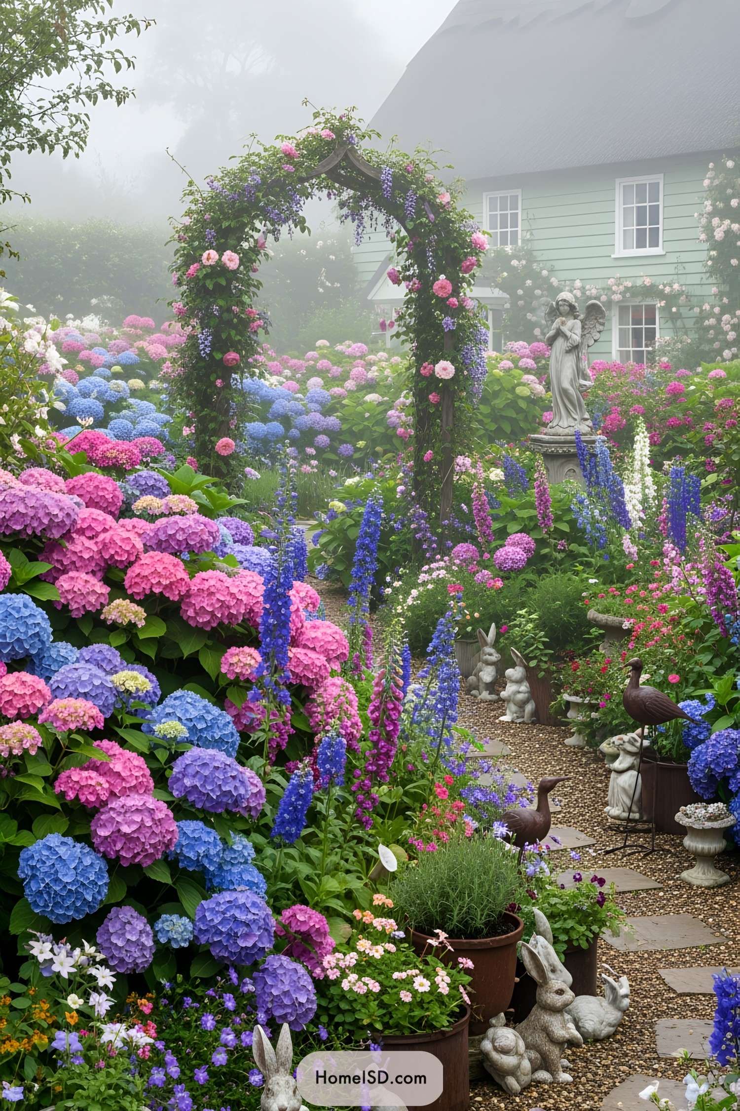 Colorful hydrangeas and statues fill a misty, enchanting garden