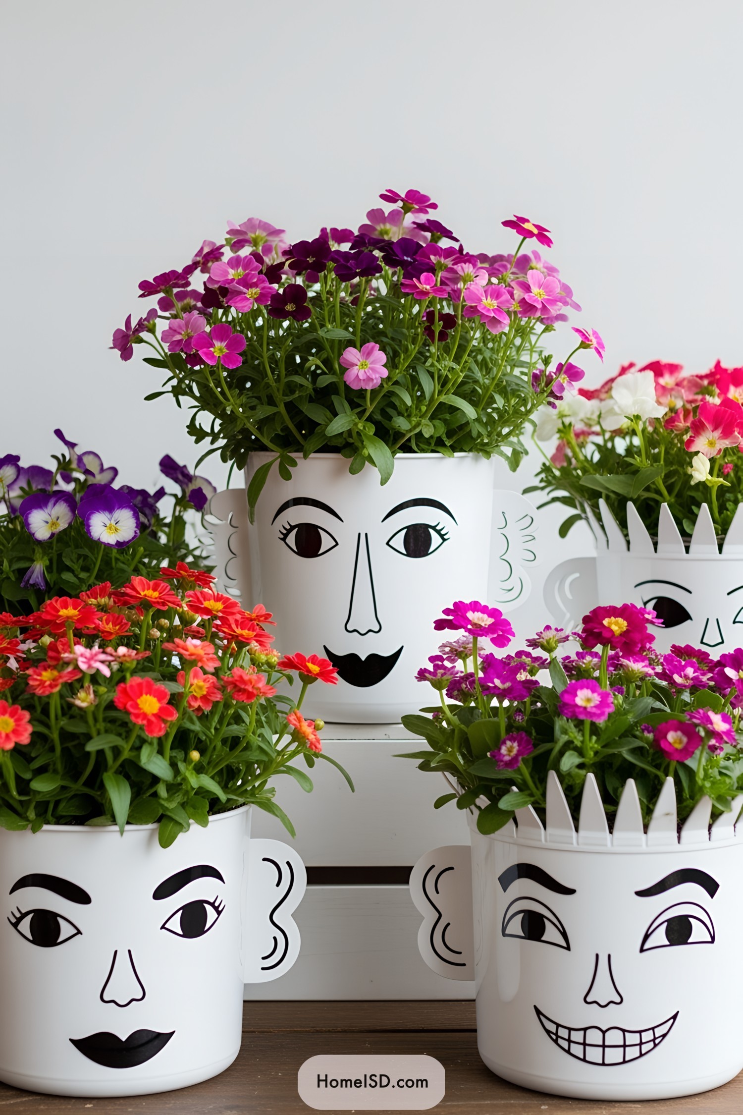 White pots with facial expressions and colorful flowers