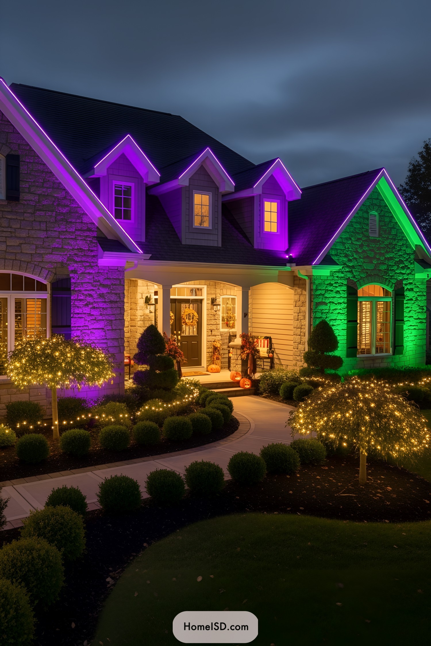 Front yard with purple and green Halloween lighting