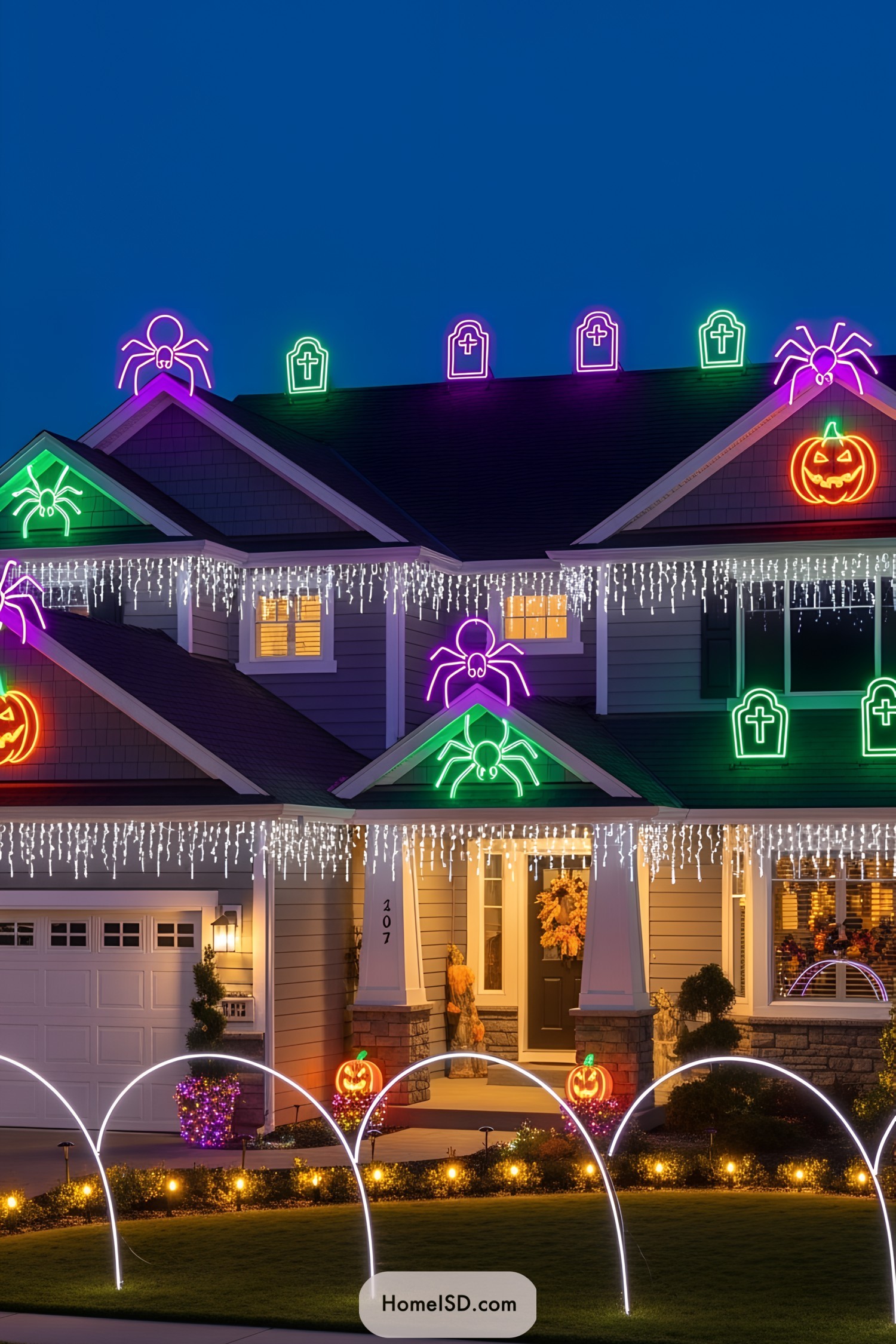 Brightly Lit Halloween House with Spiders and Tombstones