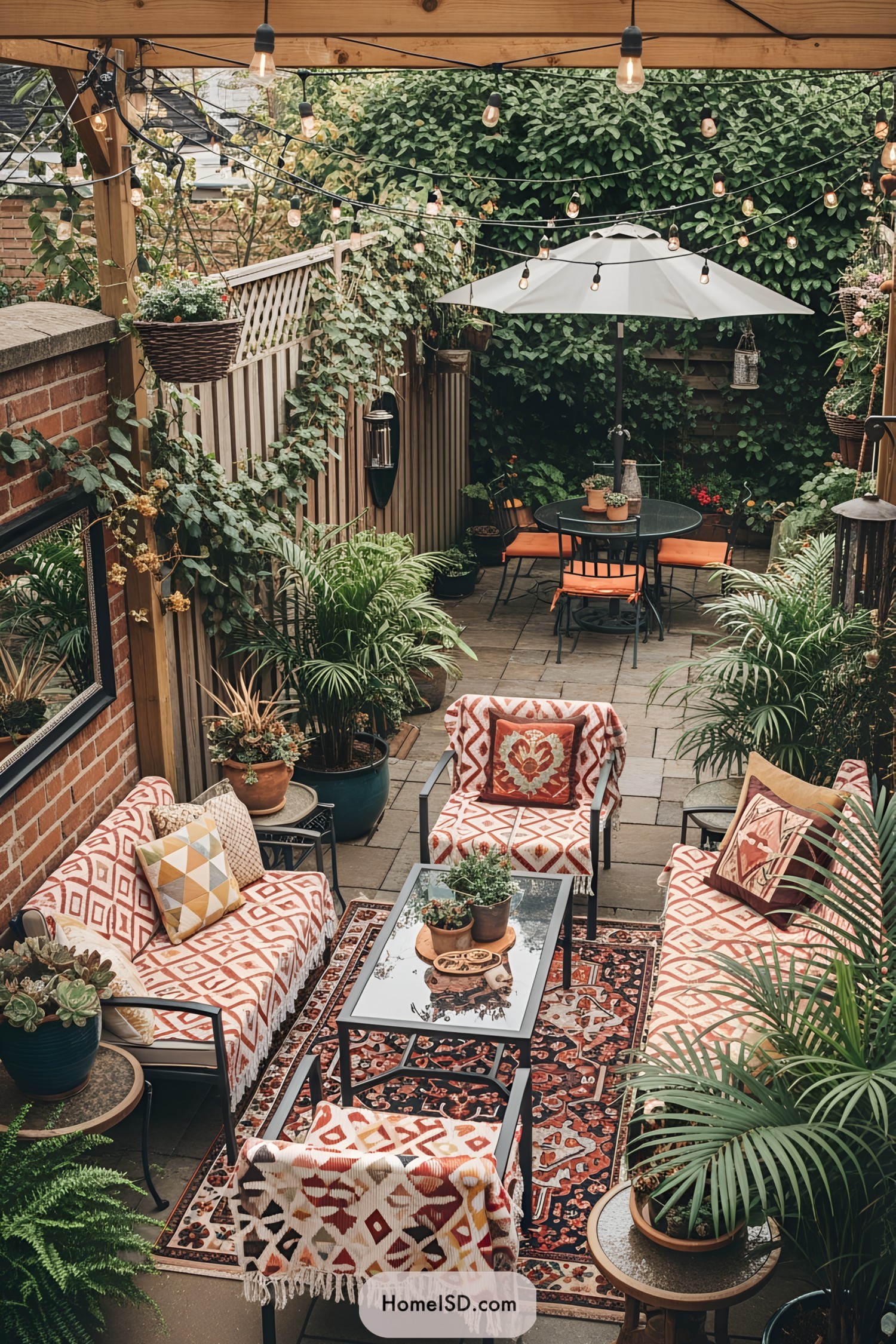 Bohemian-style patio with plants and string lights