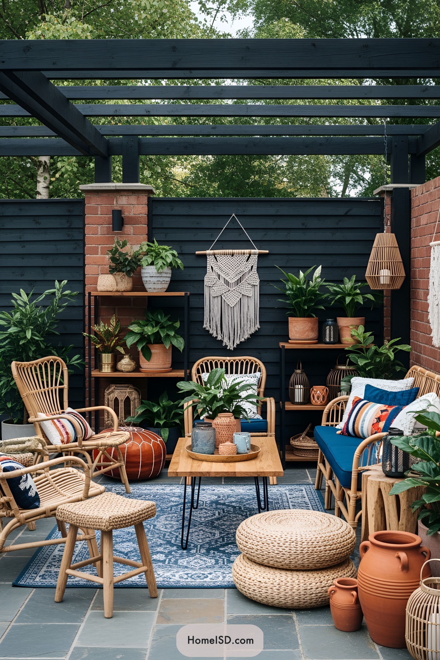 Cozy boho patio with wicker furniture and vibrant plants