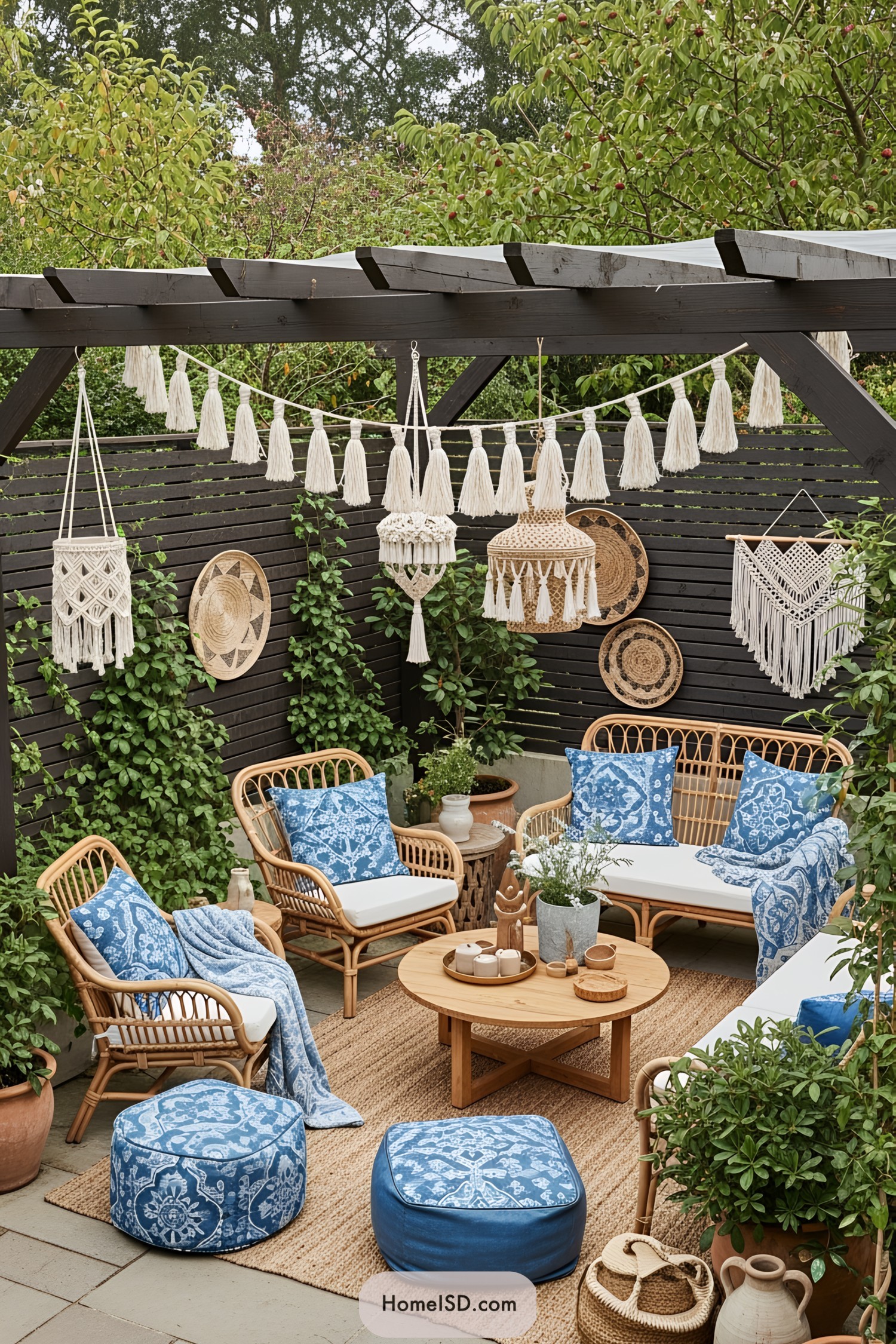 Boho-themed patio with rattan furniture and macramé decor