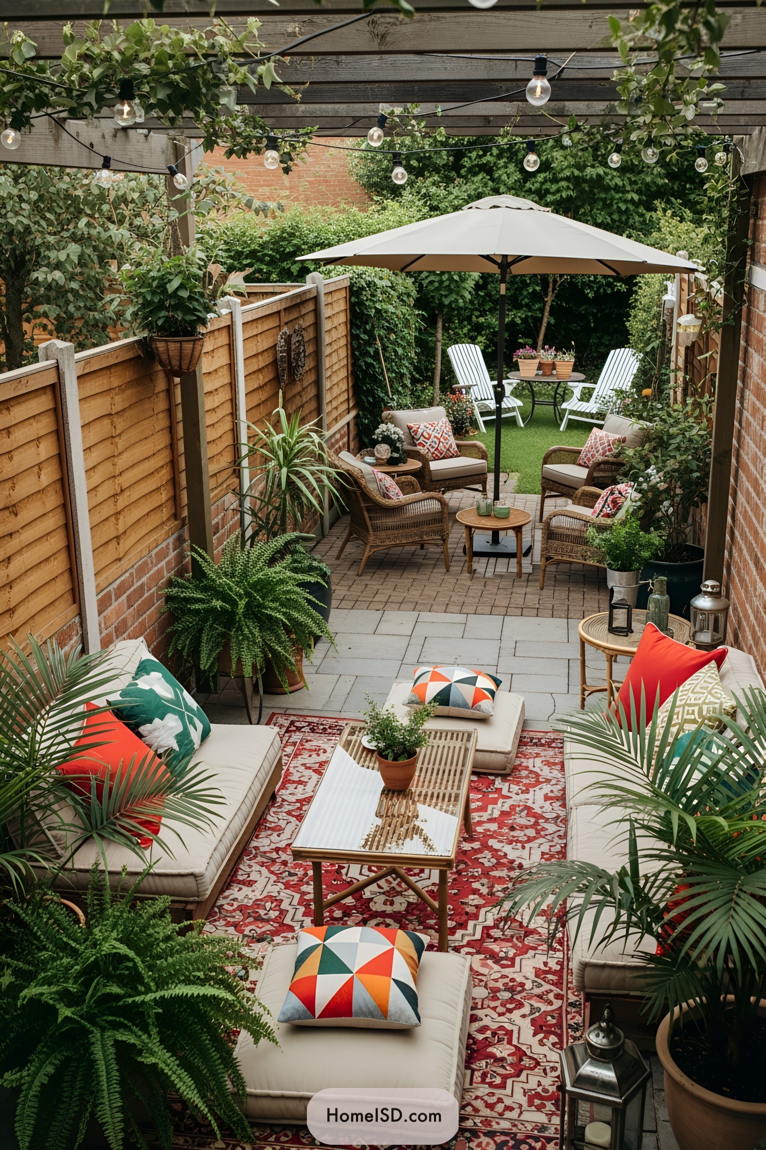 Colorful Boho Patio with Cushions, Plants, and String Lights
