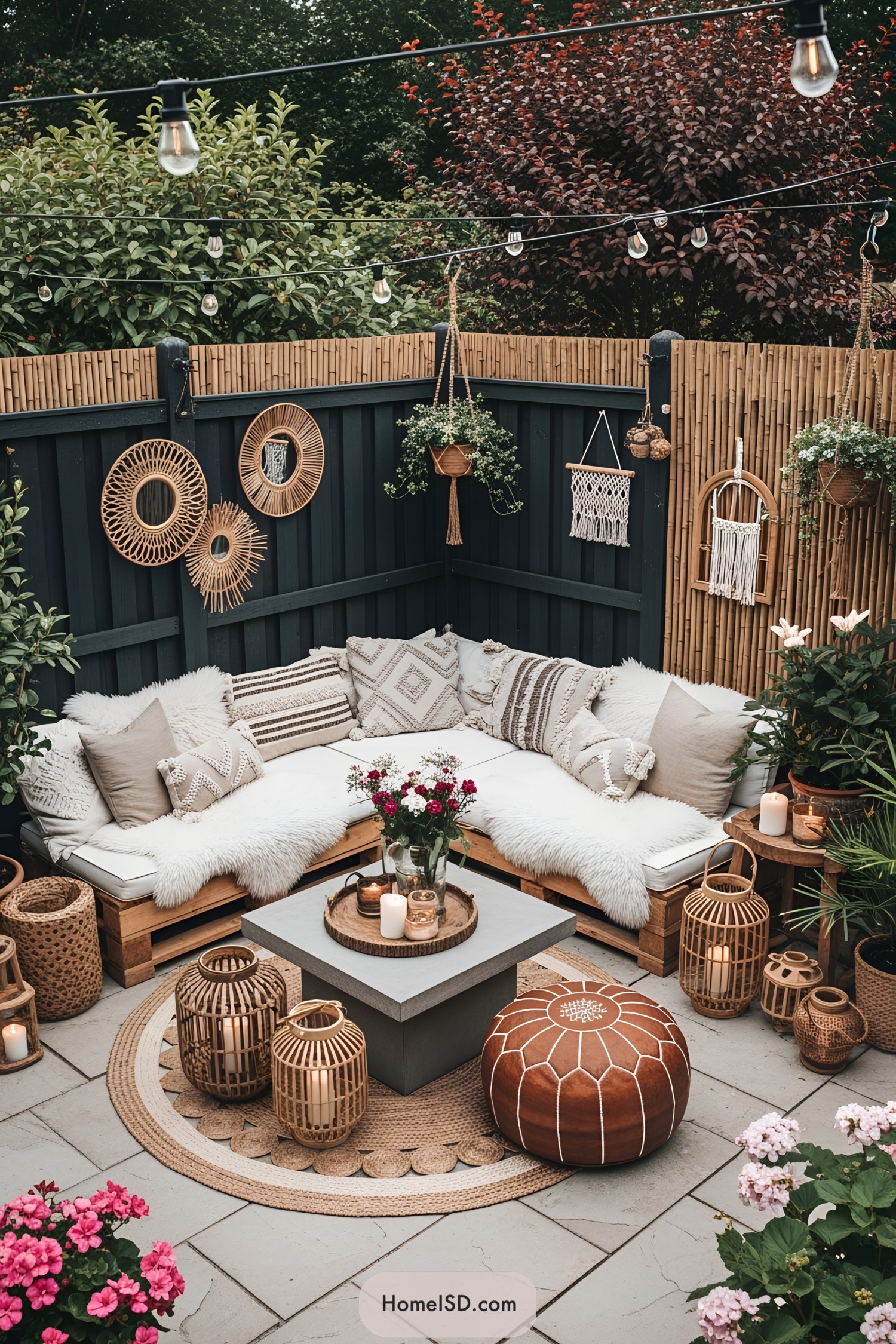 Cozy bohemian patio with string lights and lush greenery