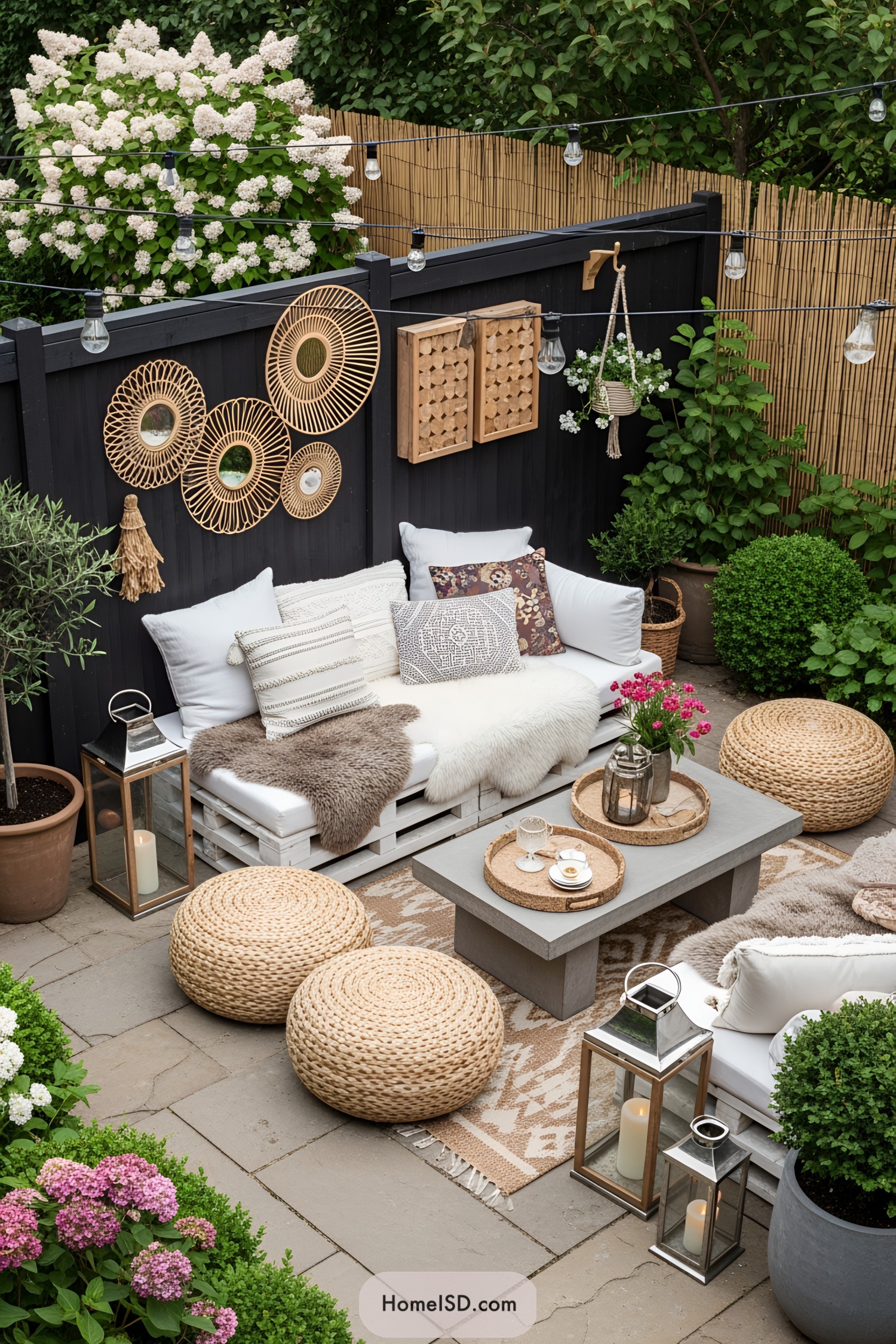Bohemian-style patio with eclectic decor and lush greenery