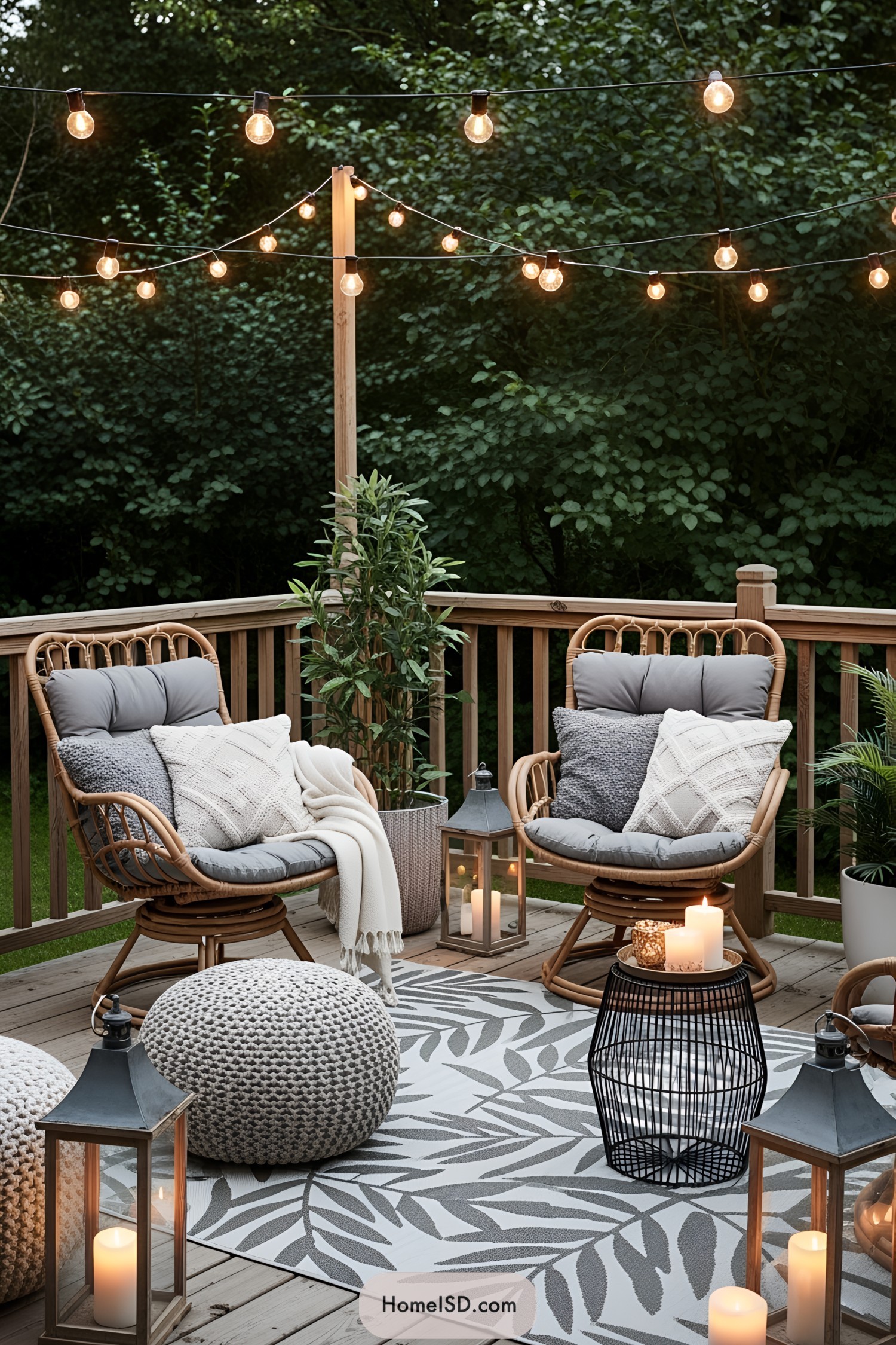 Cozy boho patio with string lights and rattan chairs