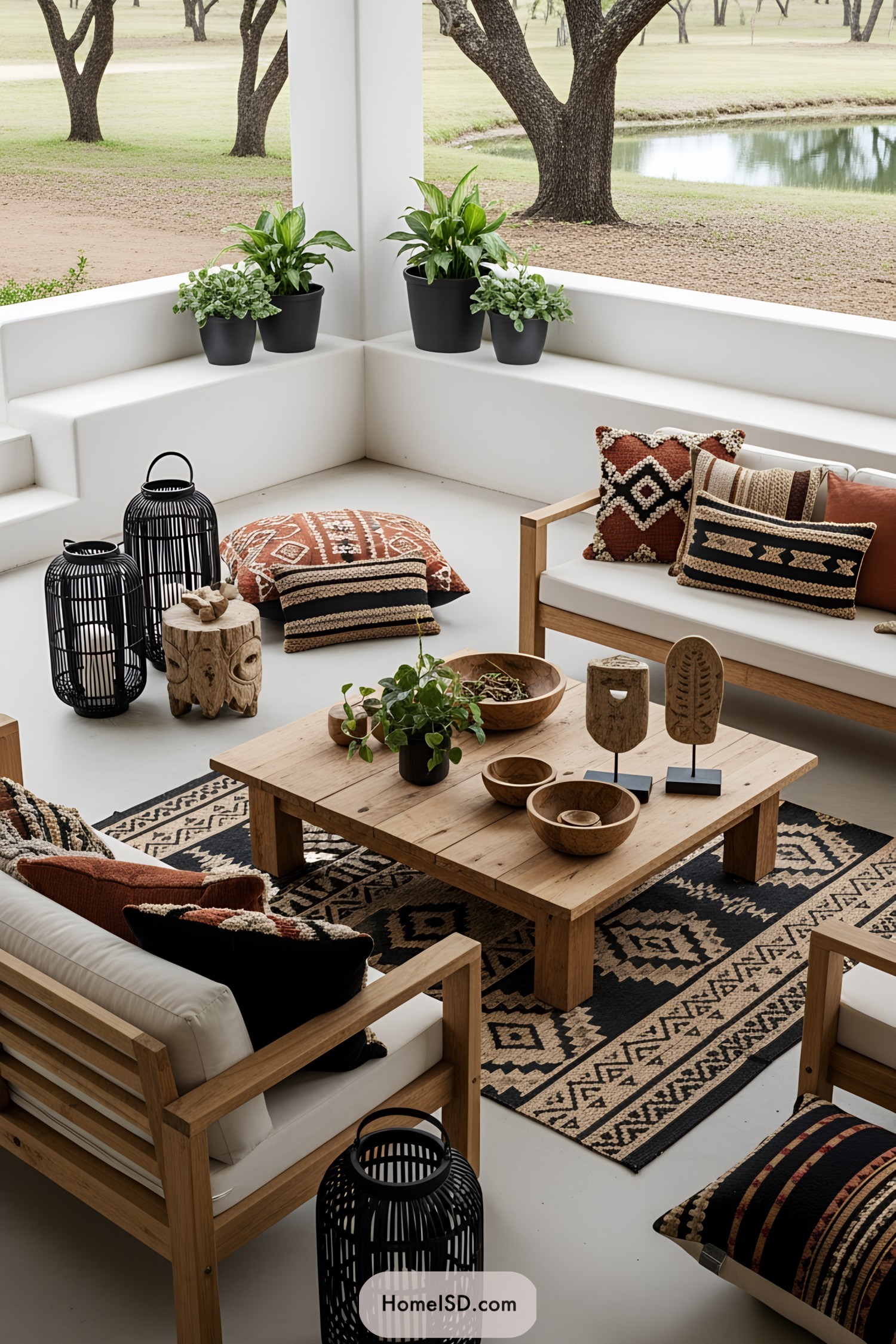 Cozy patio with tribal accents and lush greenery