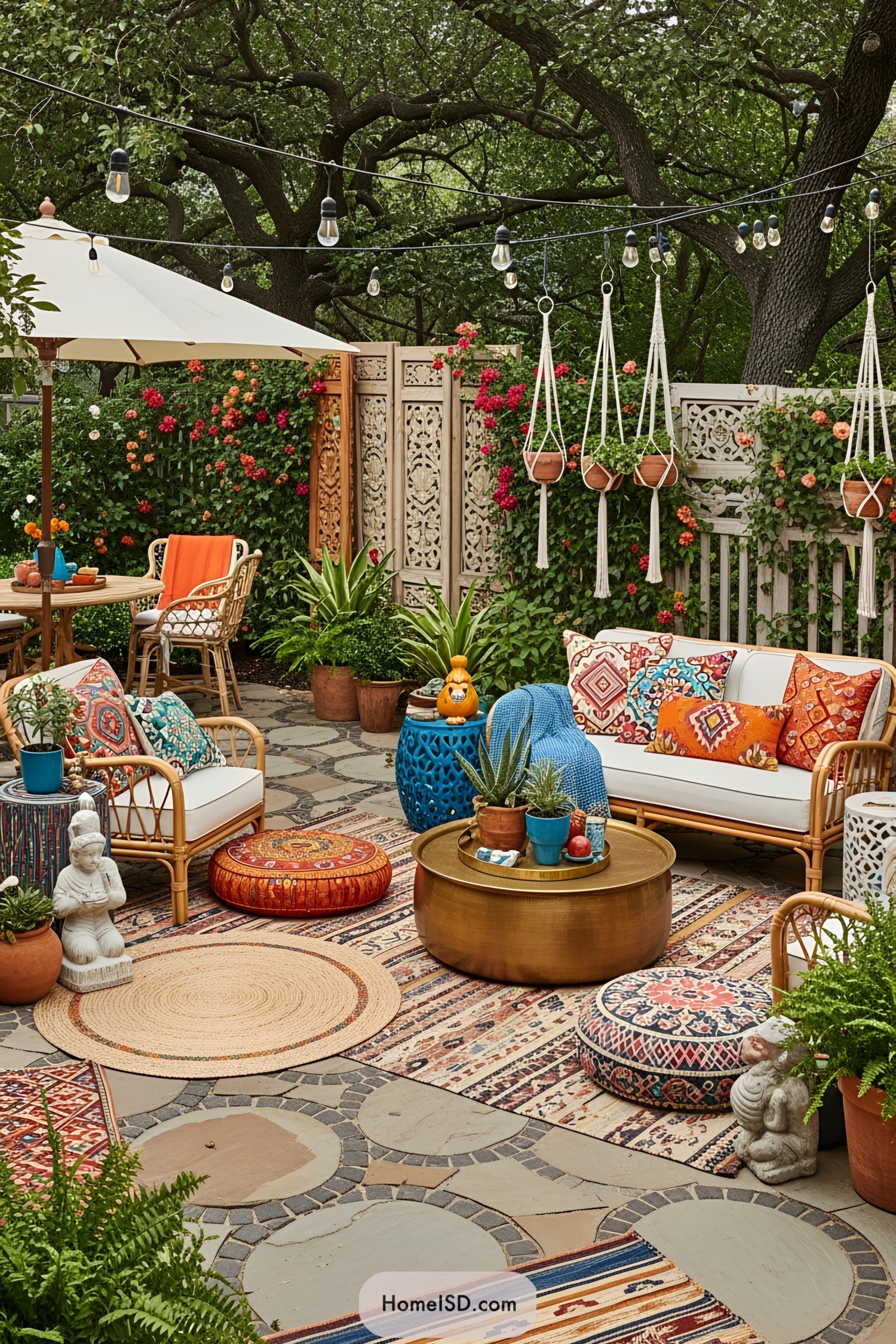 Colorful boho patio with eclectic decor and seating