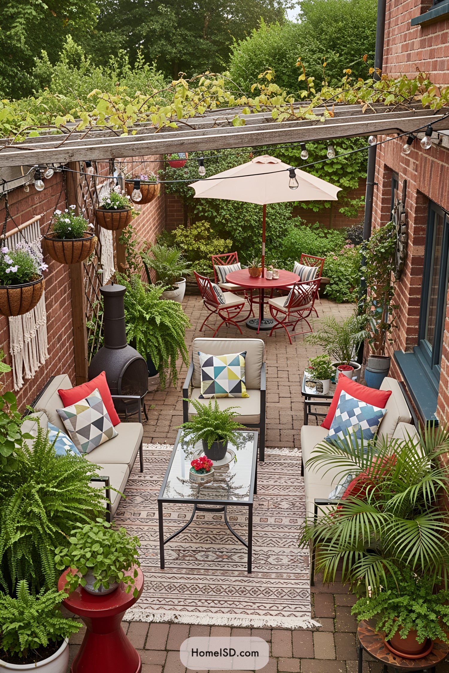 Cozy boho patio with vibrant decor, lush greenery, and colorful seating
