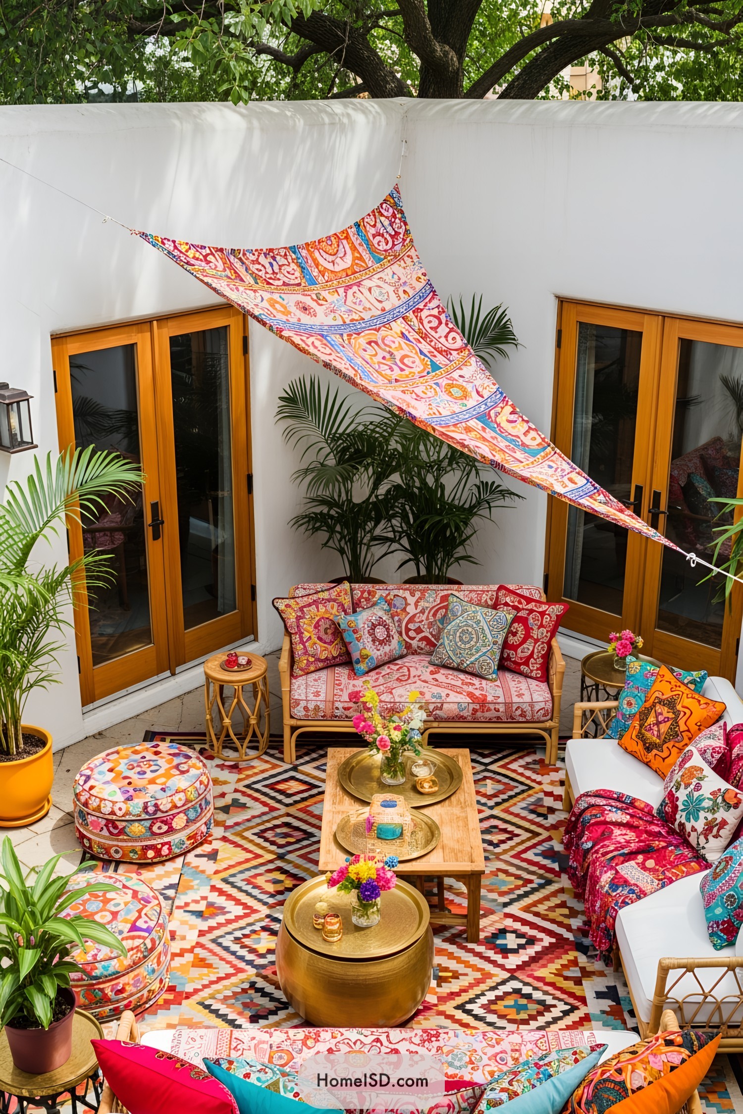 Colorful boho patio with vibrant textiles and cozy seating