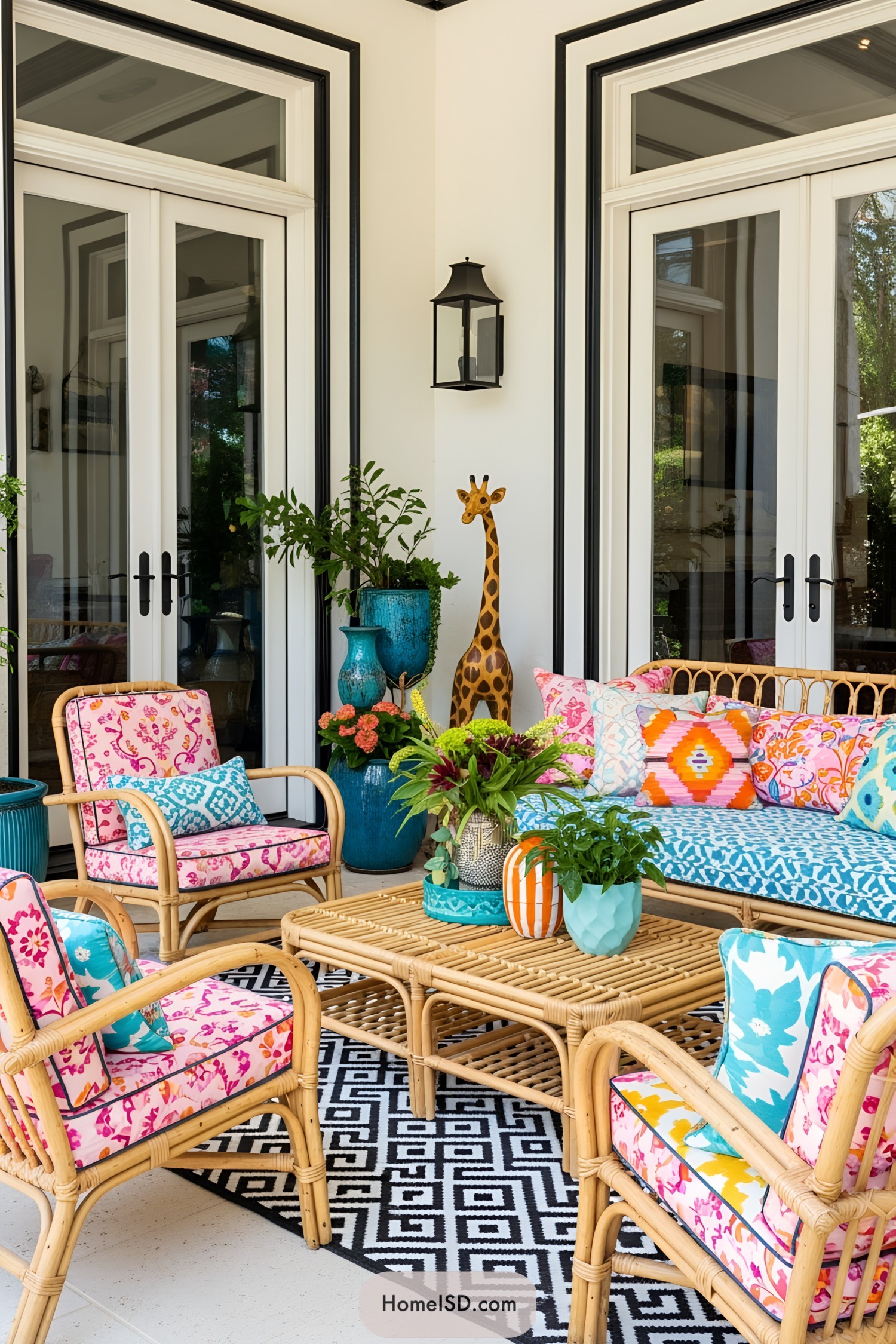 Vibrant boho patio with colorful cushions and a giraffe statue