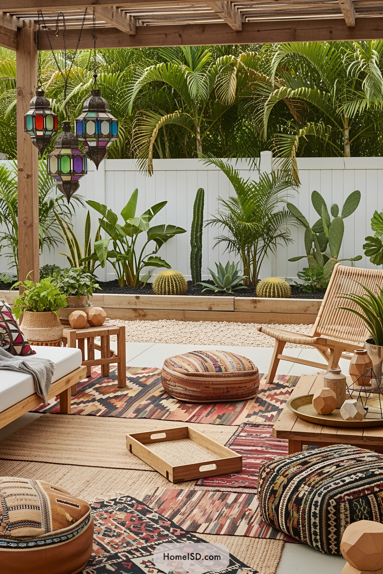 Bohemian-style patio with colorful decor and lush greenery