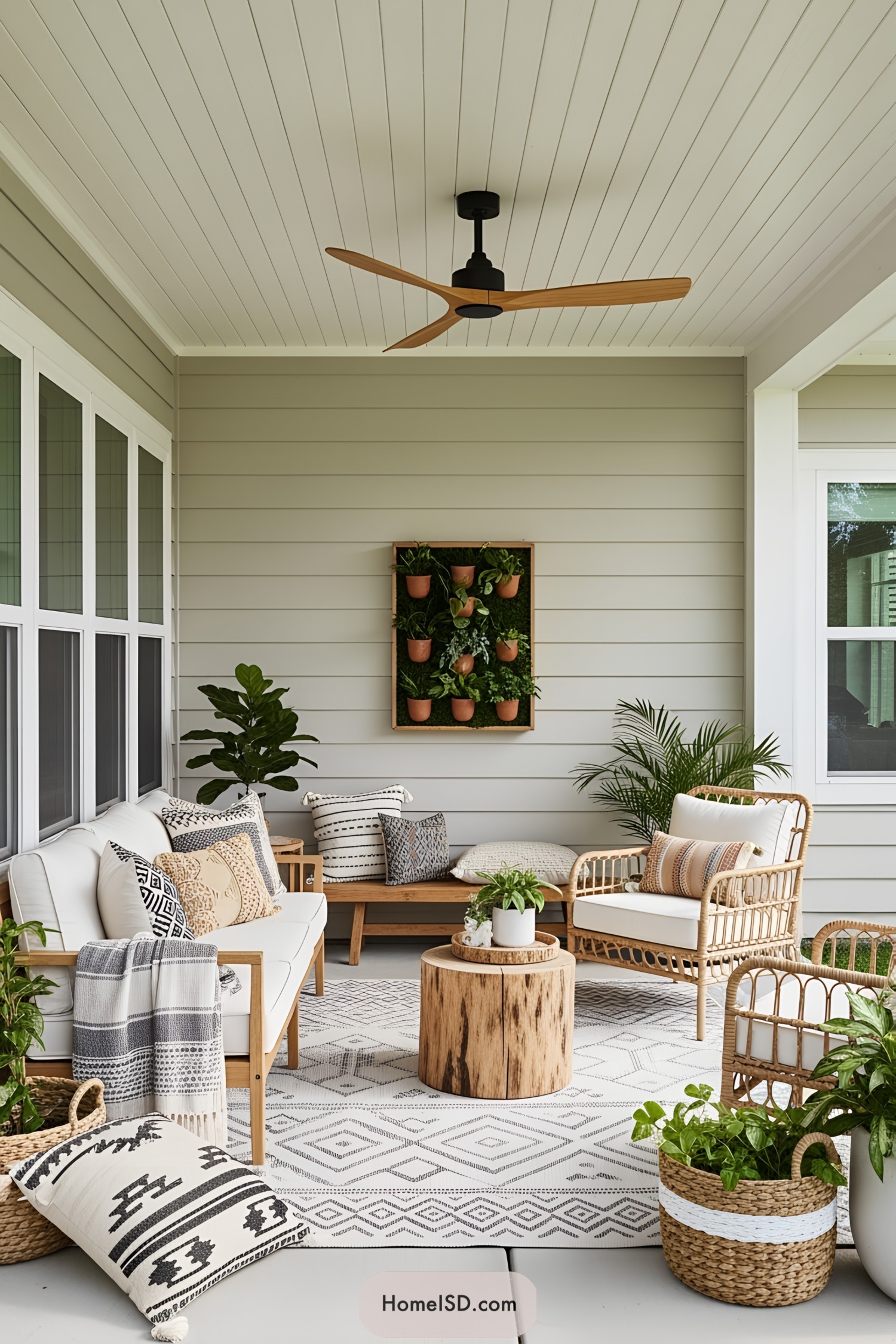 Boho patio with wicker furniture and lush plants