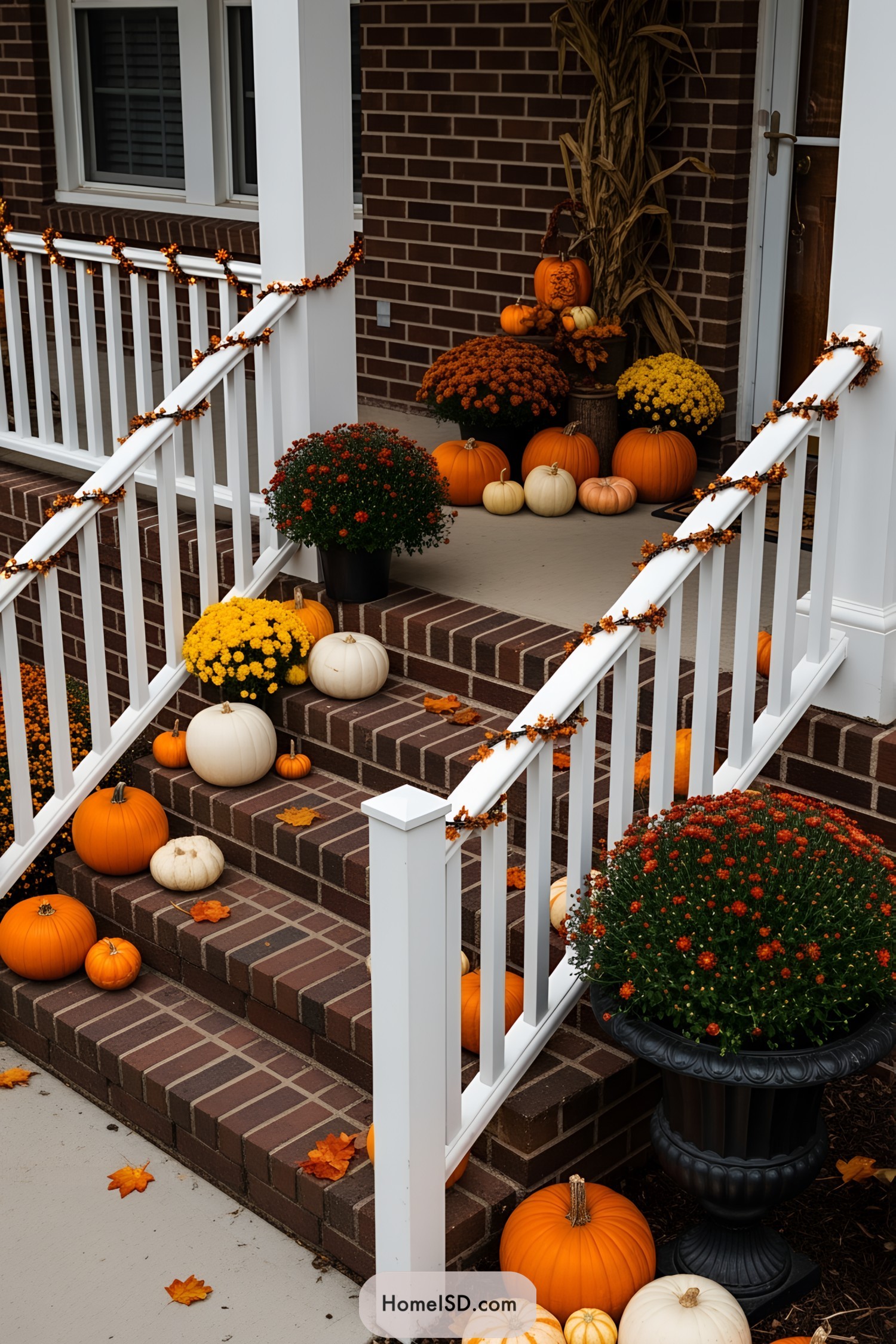 Festive autumn porch decorated with pumpkins and mums