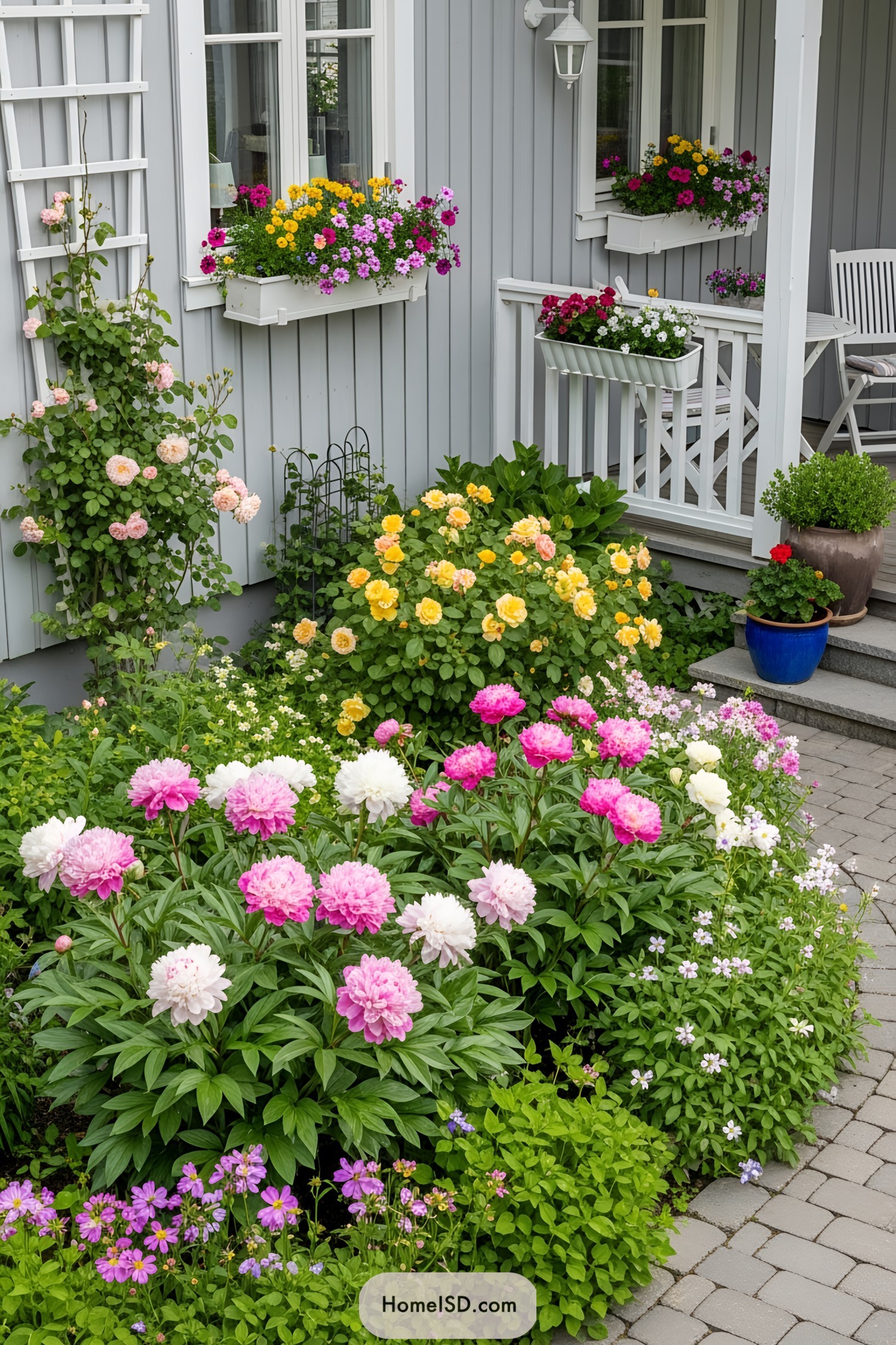 Colorful flowers blooming around a cozy porch
