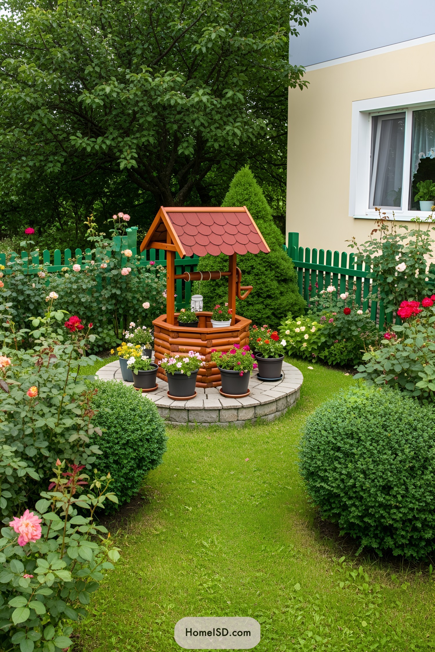 Charming garden with a decorative wooden wishing well surrounded by vibrant flowers