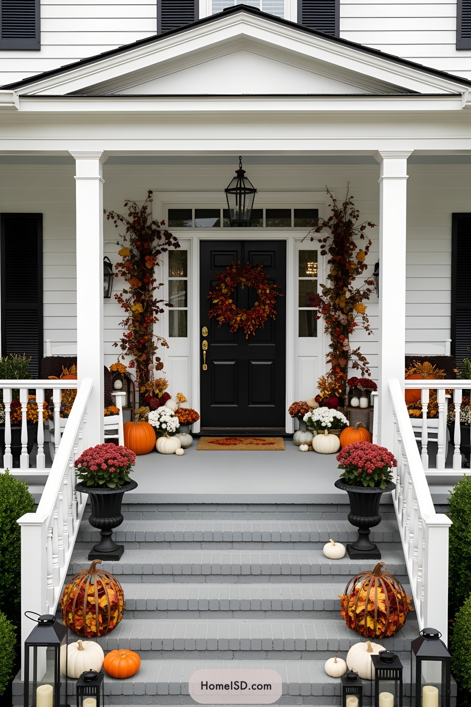 Autumn-themed porch with pumpkins and colorful foliage