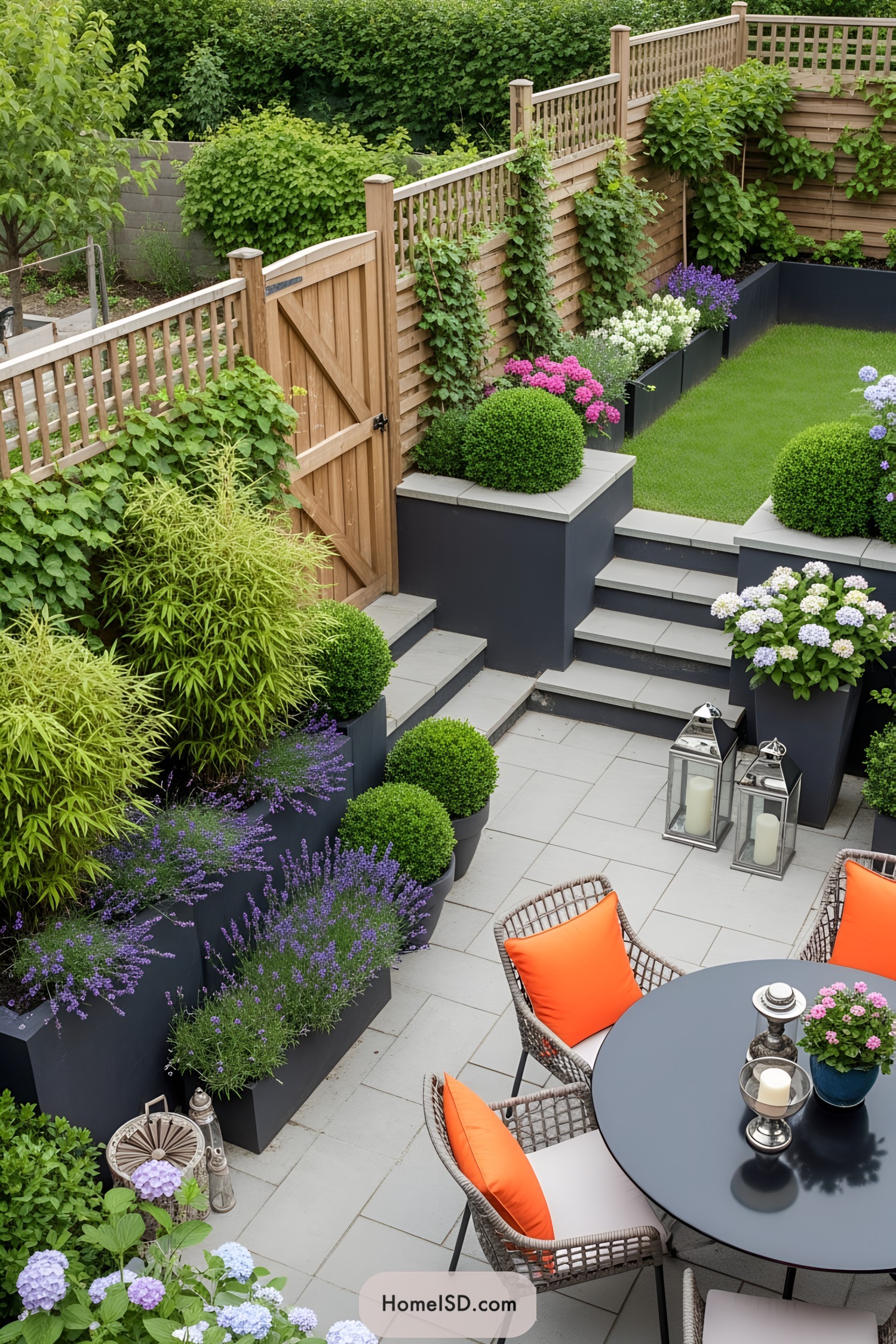 Cozy backyard with colorful plants and a charming patio