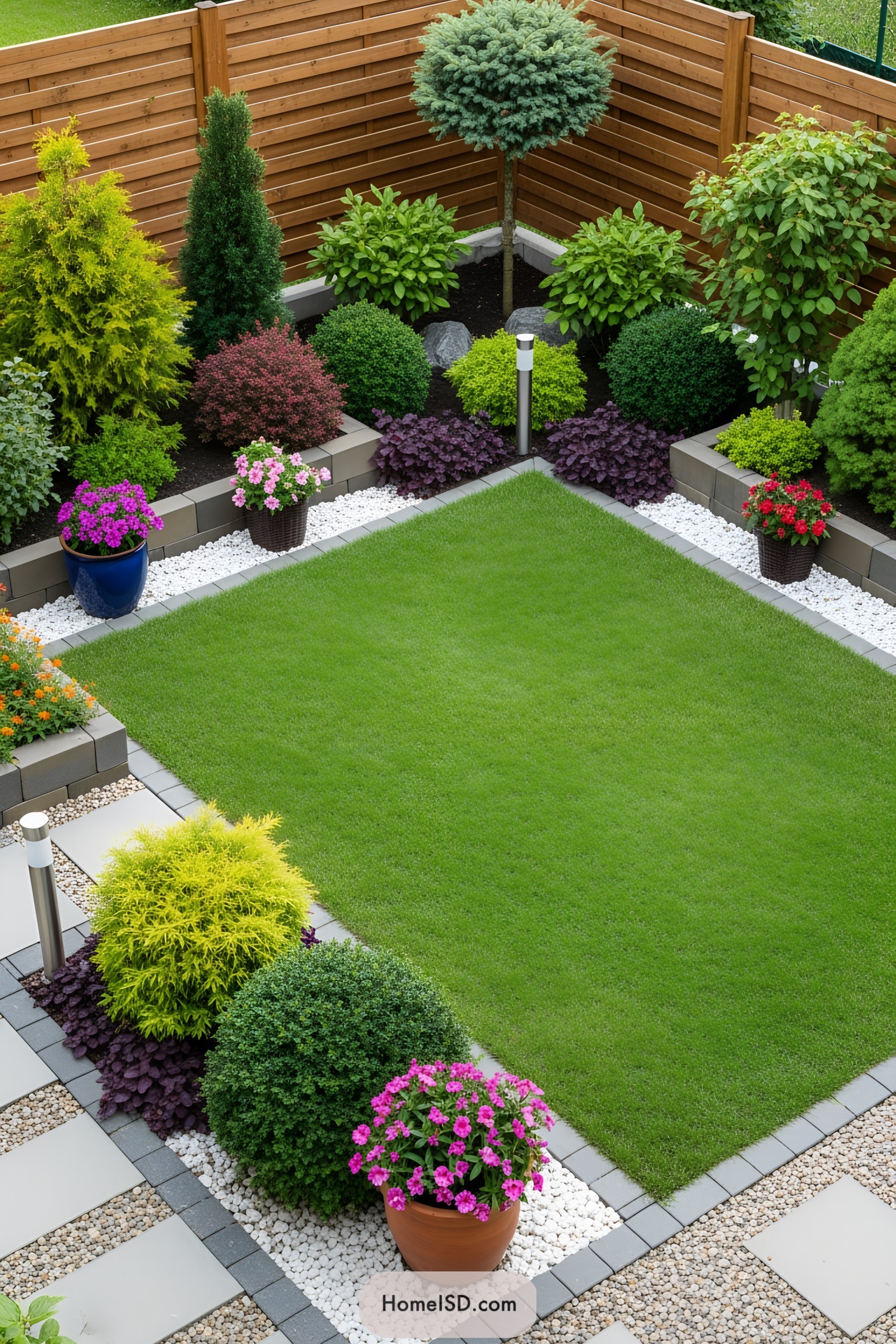 Vibrant garden with manicured lawn and colorful potted plants