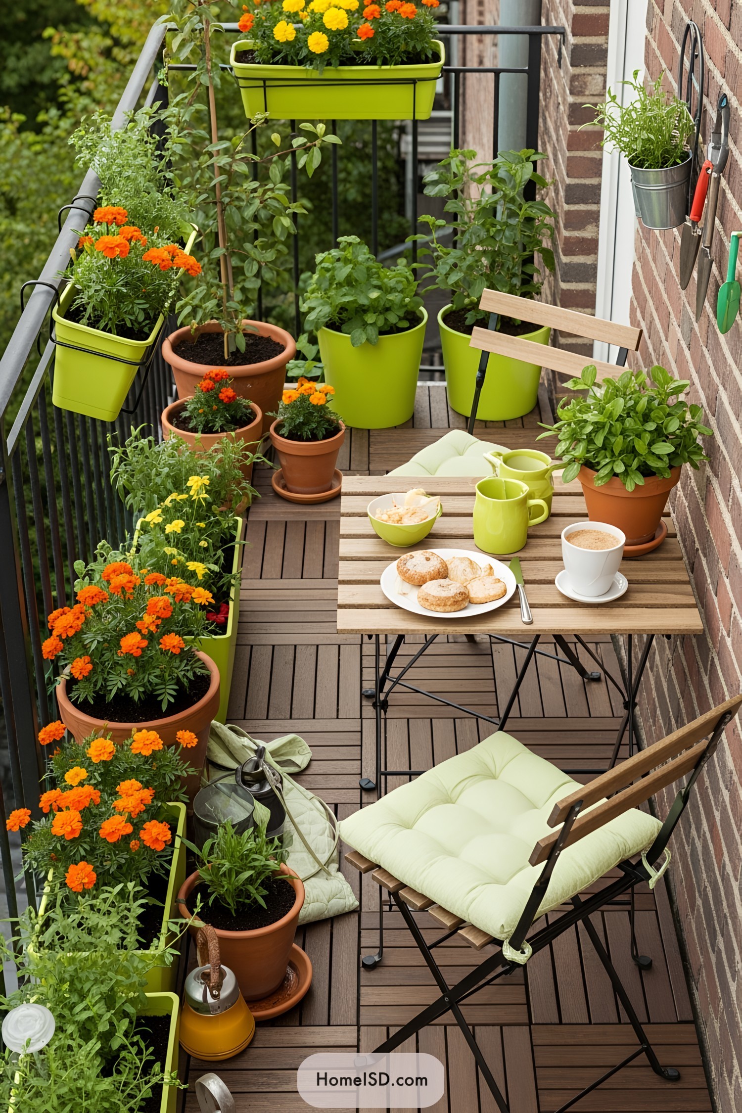 A cozy balcony with a variety of potted plants and a small breakfast setup