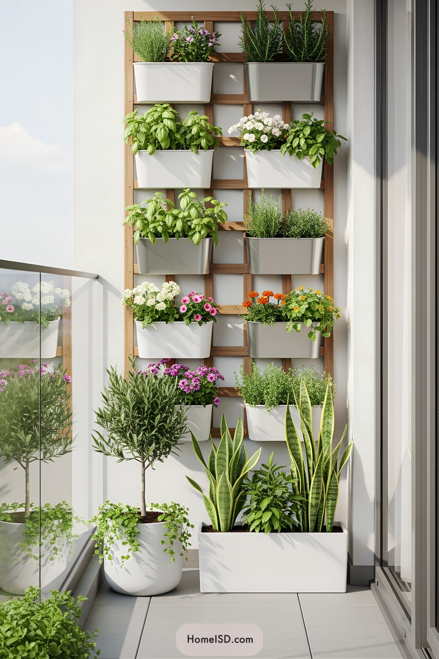 Vertical garden with vibrant plants in white pots on a balcony