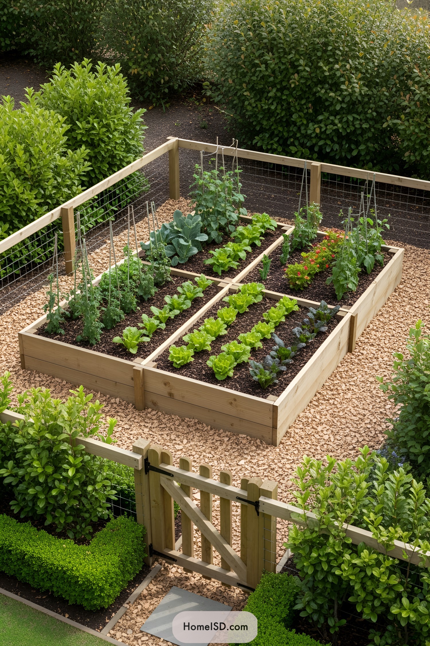 Raised garden boxes in a small fenced area filled with vibrant plants