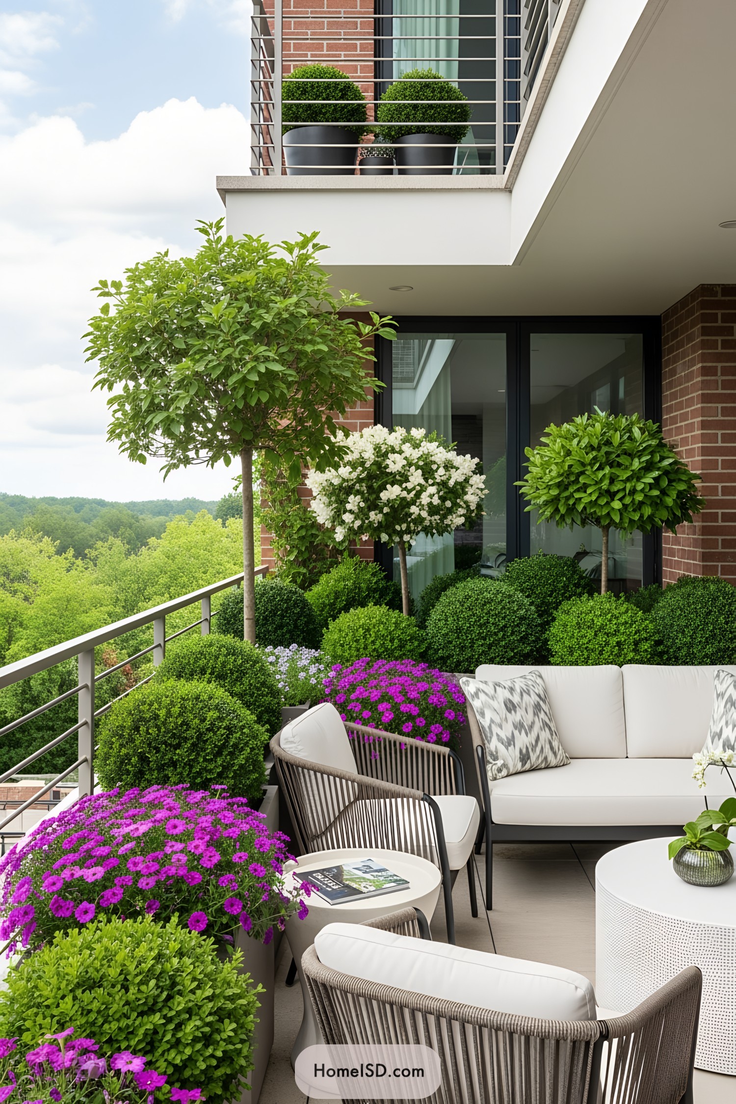 Stylish patio with lush greenery and flowers