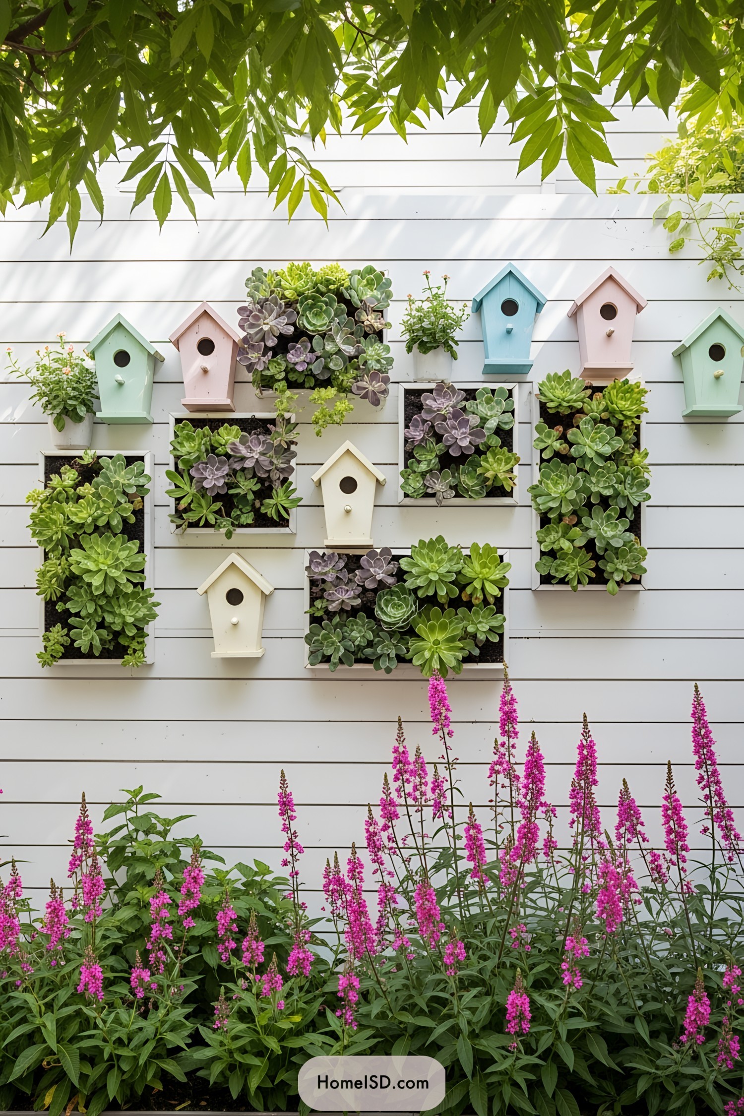 Contemporary small home garden with a white horizontal plank fence as a backdrop, decorated with rectangular and square vertical succulent planters and pastel wooden birdhouses. Lush border planting of tall, pink flowering spikes in the foreground. Overhanging green foliage and dappled sunlight create a tranquil, vibrant atmosphere.