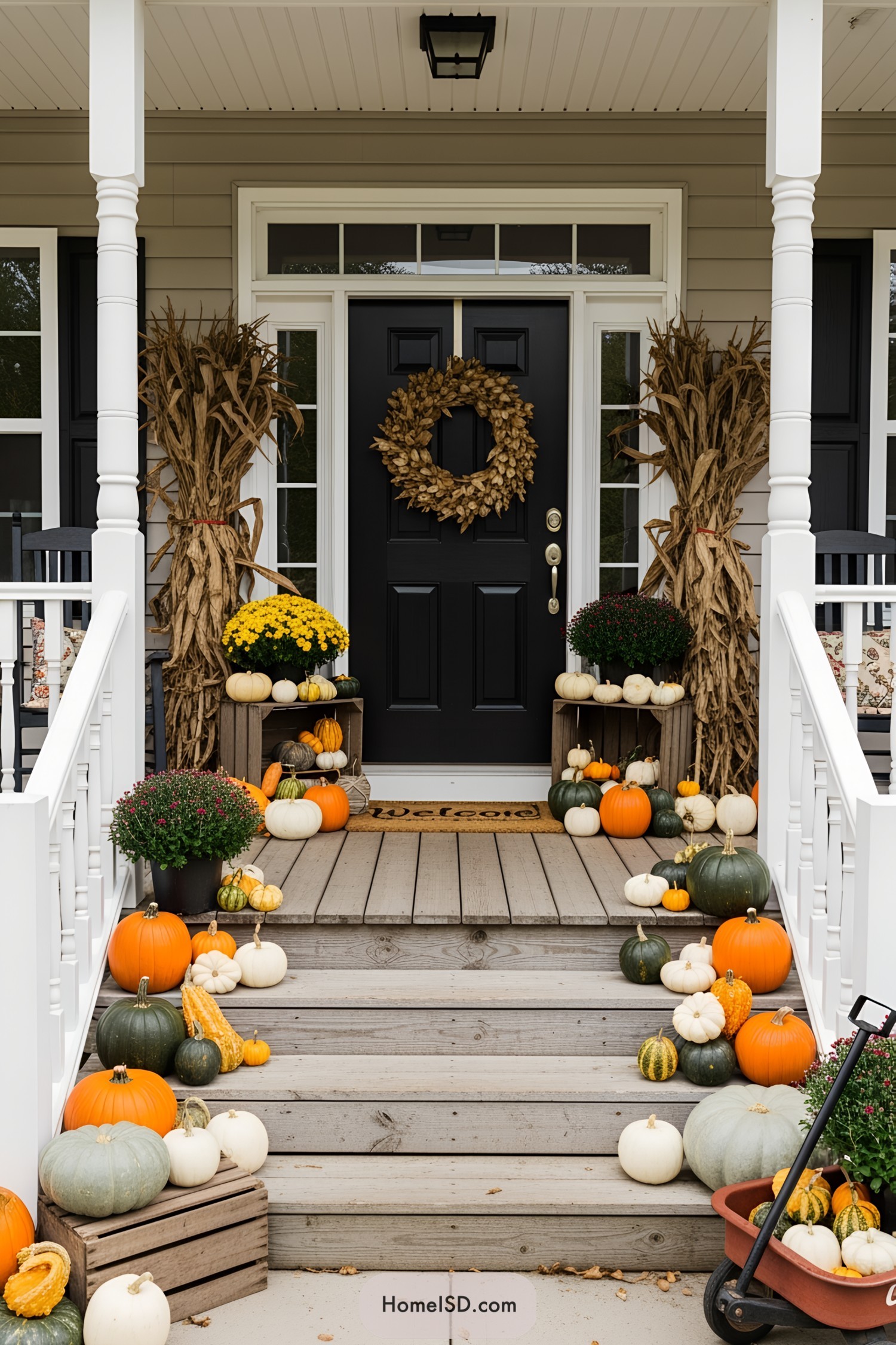 Festive front porch with pumpkins and mums