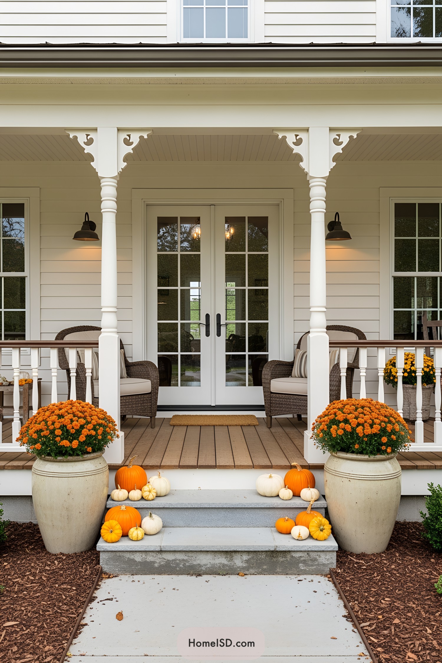 Cozy autumn porch with pumpkins and flowers
