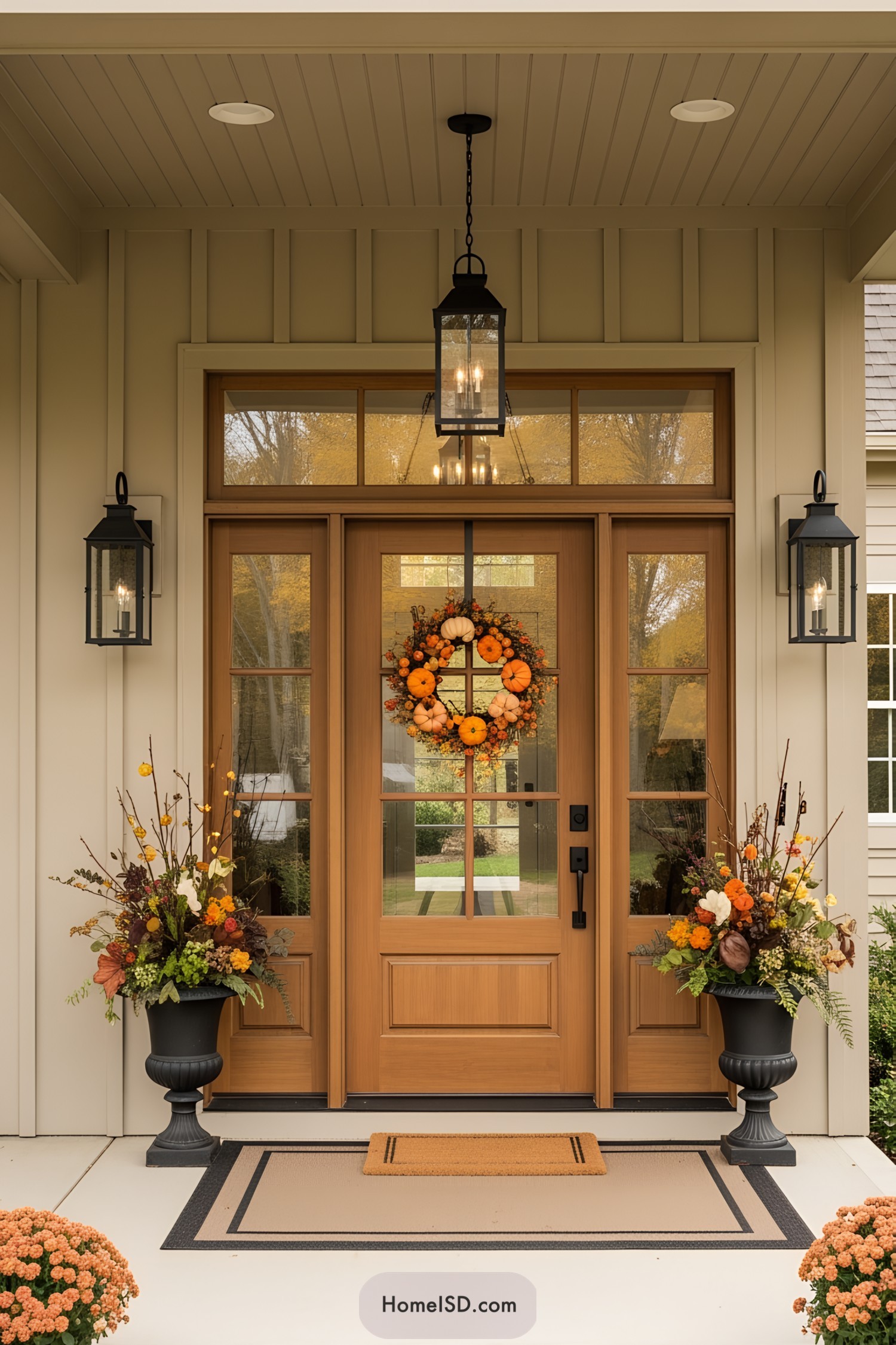 A fall wreath decorates a wooden door, flanked by festive planters