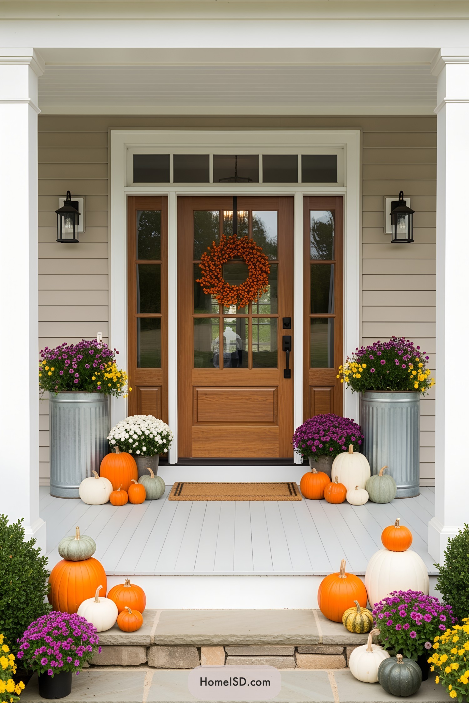 Festive pumpkins and flowers adorn a cozy porch entryway