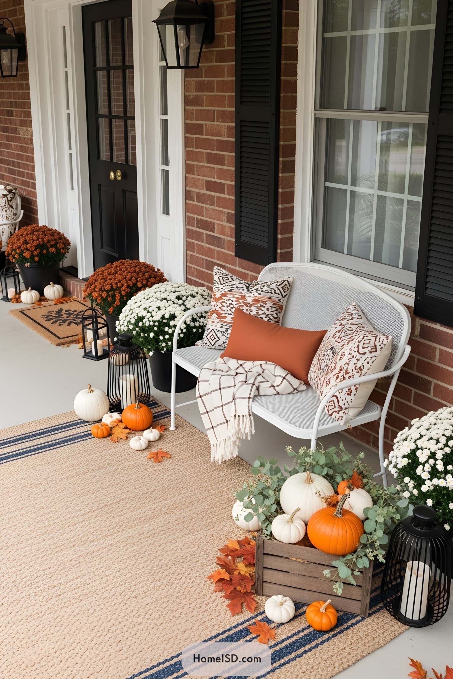 Cozy porch with pumpkins, mums, and patterned pillows