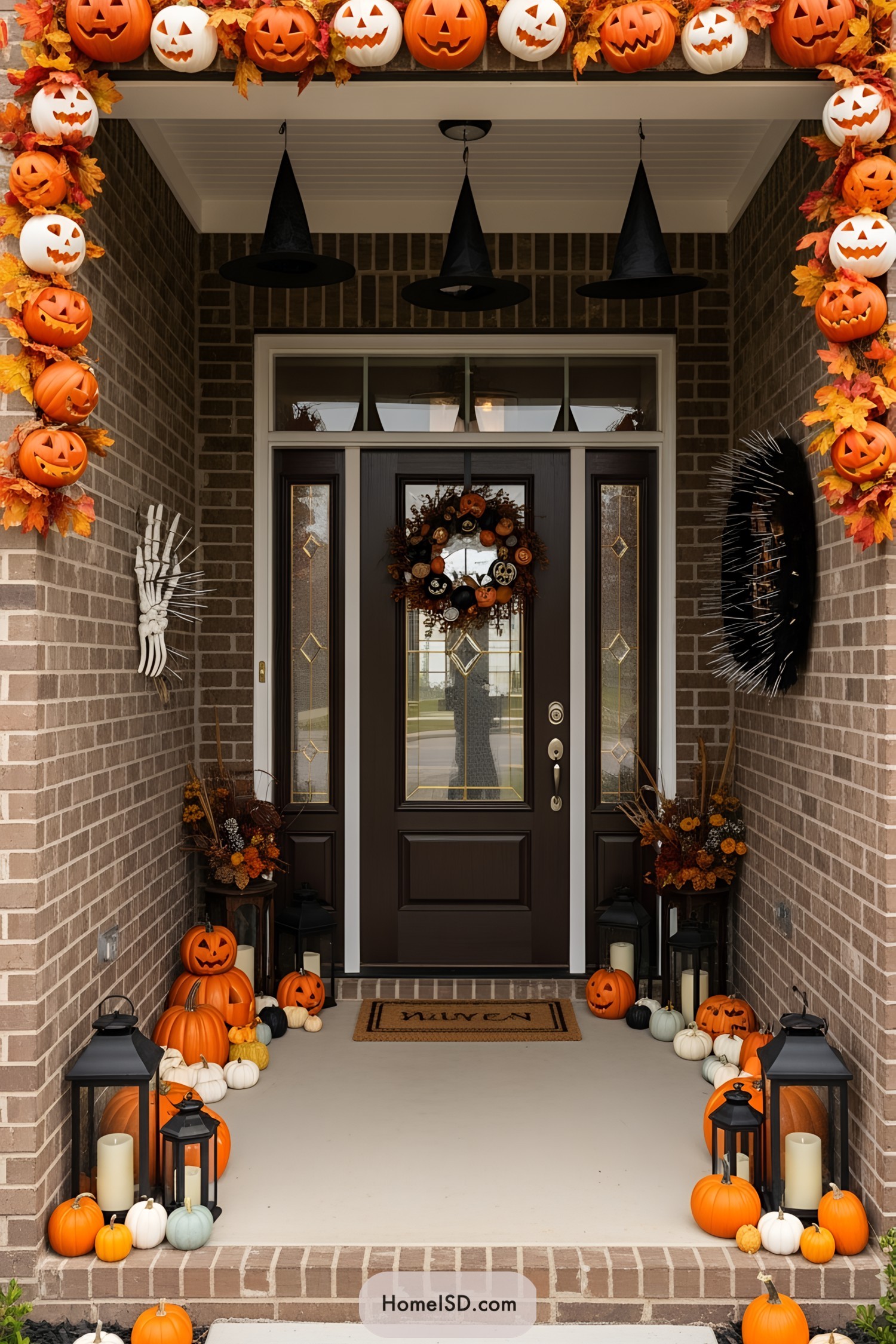 A front porch adorned with pumpkins, witch hats, and lanterns