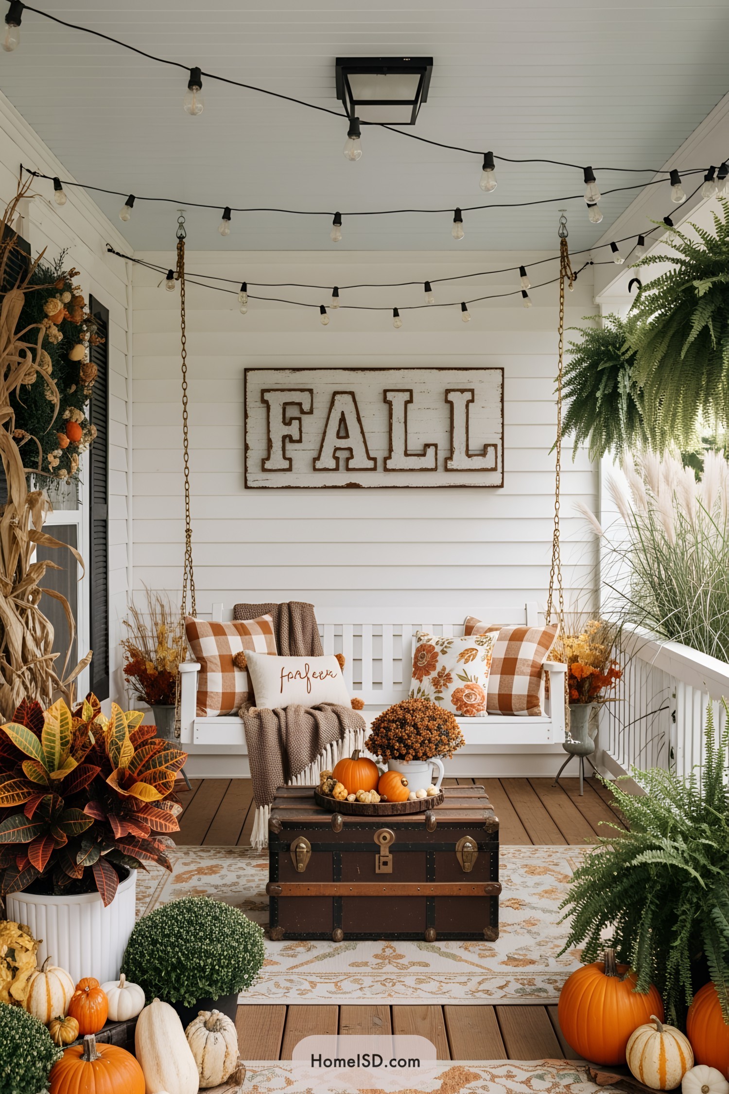 Covered front porch with a rustic farmhouse aesthetic, autumnal color palette of orange, brown, cream, and gold. White wood-paneled walls, light ceiling, wooden floor with patterned outdoor rug. Porch swing bench with plaid and floral pillows, vintage trunk coffee table, cozy throw blanket. String lights overhead and large distressed "FALL" sign as a focal point. Arrangements of pumpkins, gourds, potted croton plants, and ferns decorate the area. Outdoor foliage includes ornamental grass and hanging greenery. Warm, inviting ambiance suited for fall.