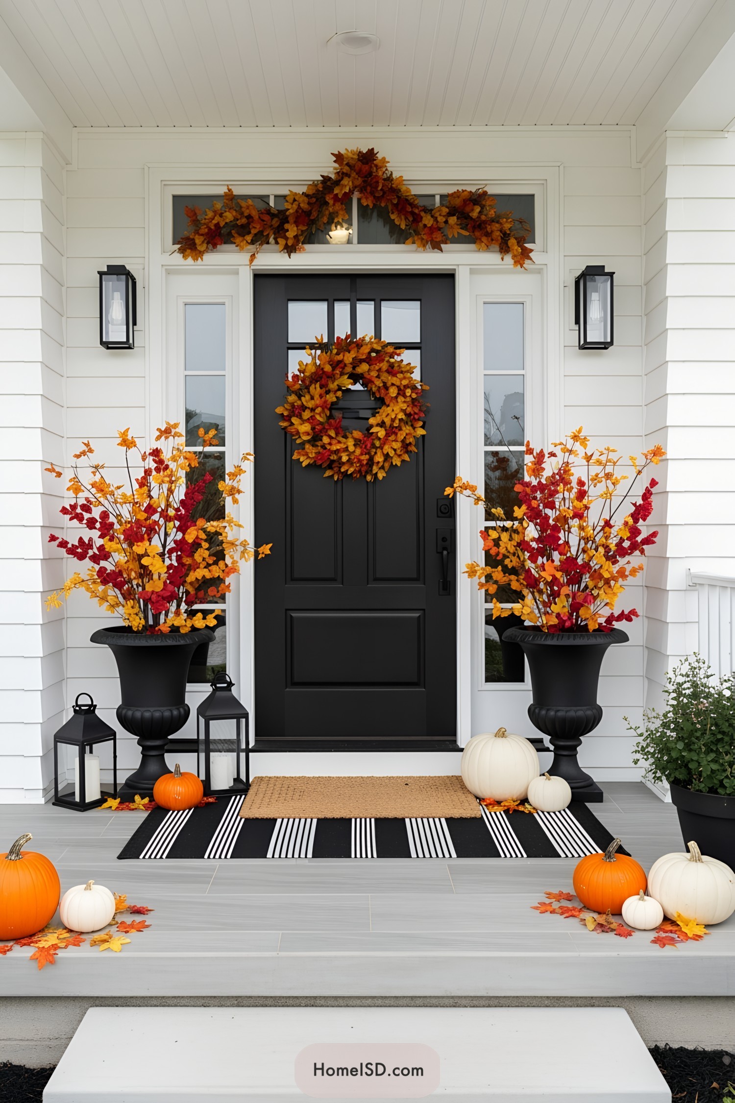 Black door with fall wreath, pumpkins, and lanterns